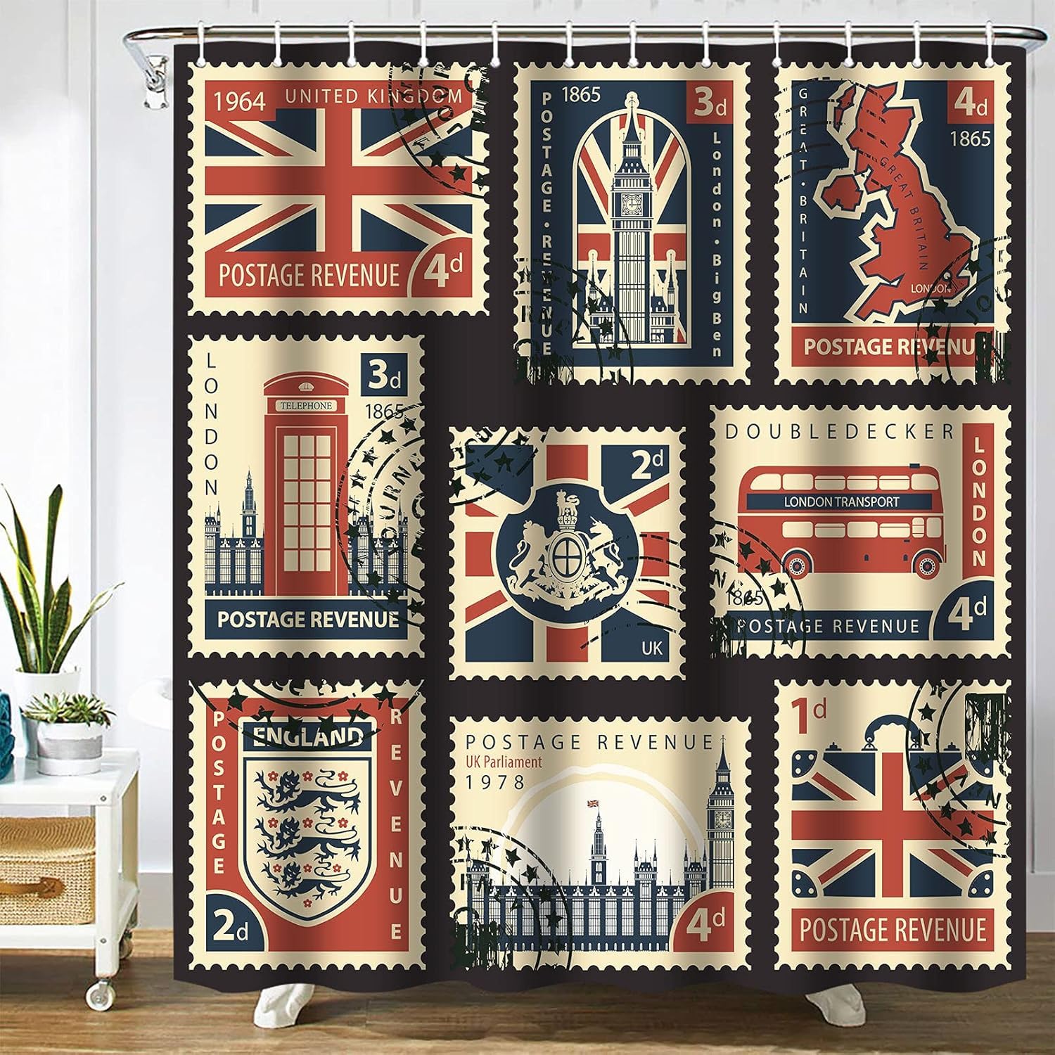 Gaakvrr Shower Curtain British Map with Postage Stamps & UK Flag Waterproof Bathroom Curtain Set with 12 Hooks, Great Britain Decor (200x180 cm)