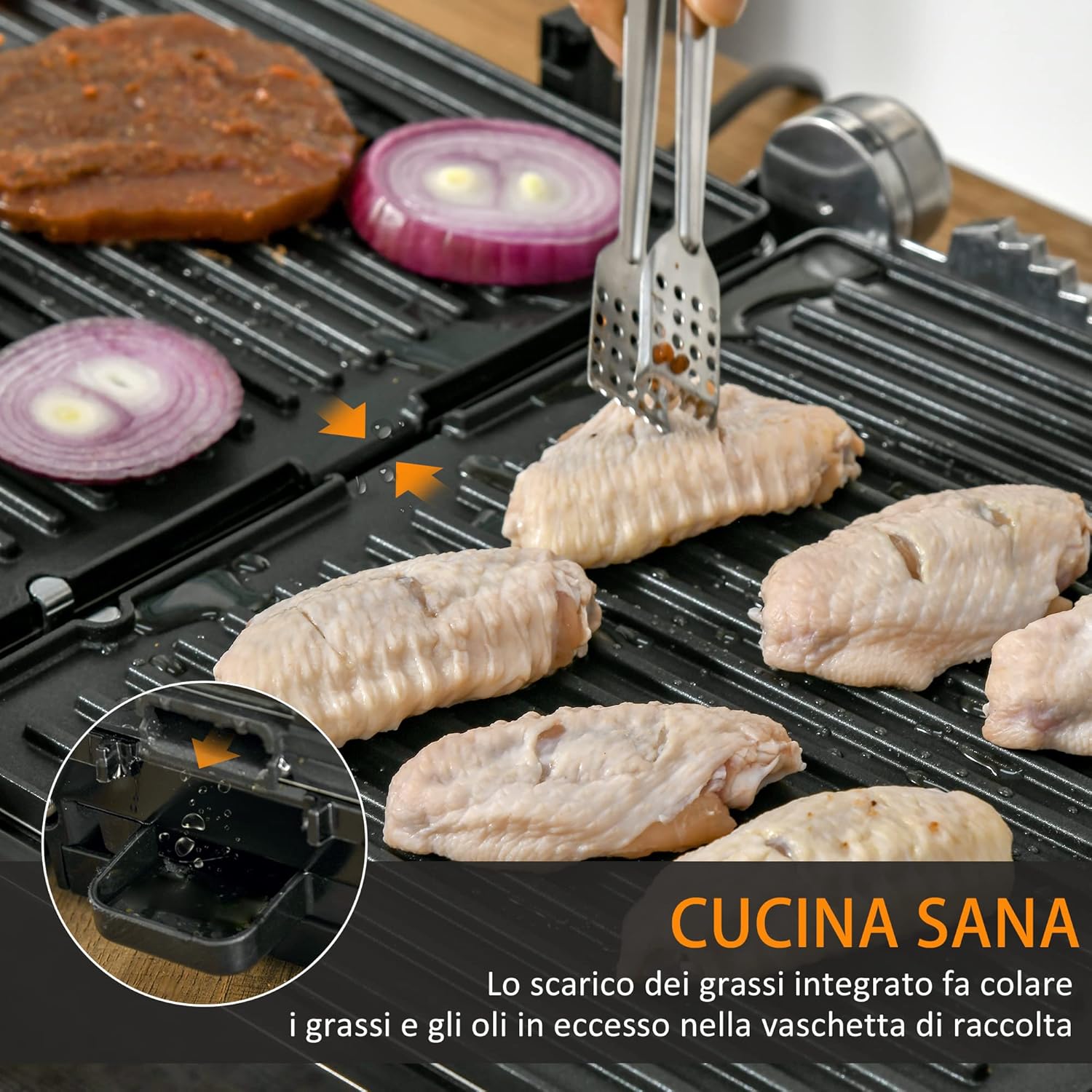 HOMCOM Piastra Elettrica 2000W Apribile a 180° in Alluminio e Acciaio Inox per 4 Fette con Spatola e Vassoio Antigoccia, 29x51.6cm, Argento e Nera HOMCOM Piastra Elettrica 2000W Apribile a 180° in Alluminio e Acciaio Inox per 4 Fette con Spatola e Vassoio Antigoccia, 29x51.6cm, Argento e Nera