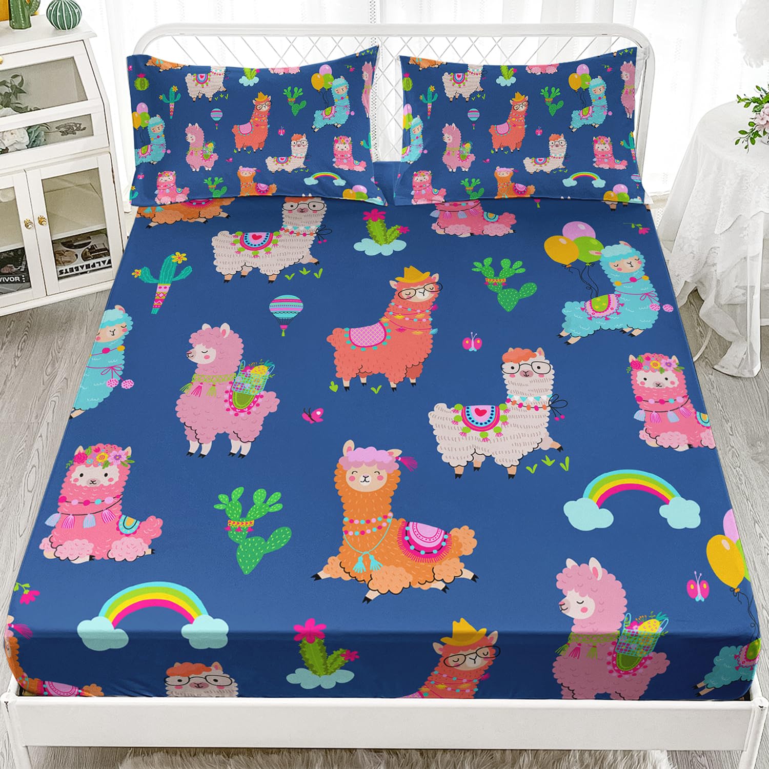HOSIMA Kids Cute Llama Fitted Sheet,Cartoon Rainbow Alpaca Twin Fitted Sheet Animal Bedding Sets for Children Room Decor,Navy Blue Fitted Sheet 15