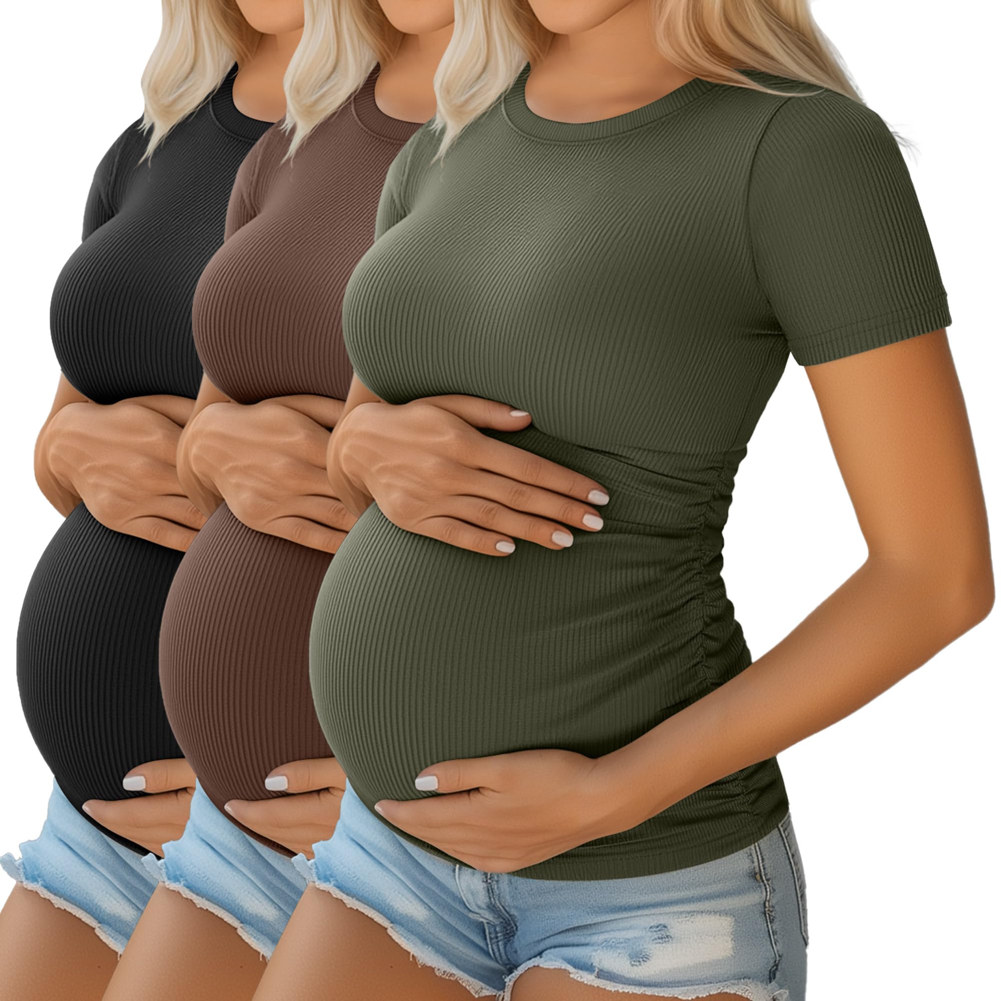 Ficerd 3 Pack Womens Maternity Shirts Cotton Short Sleeve Pregnancy Tops Side Ruched Ribbed Casual Mama tees Clothes