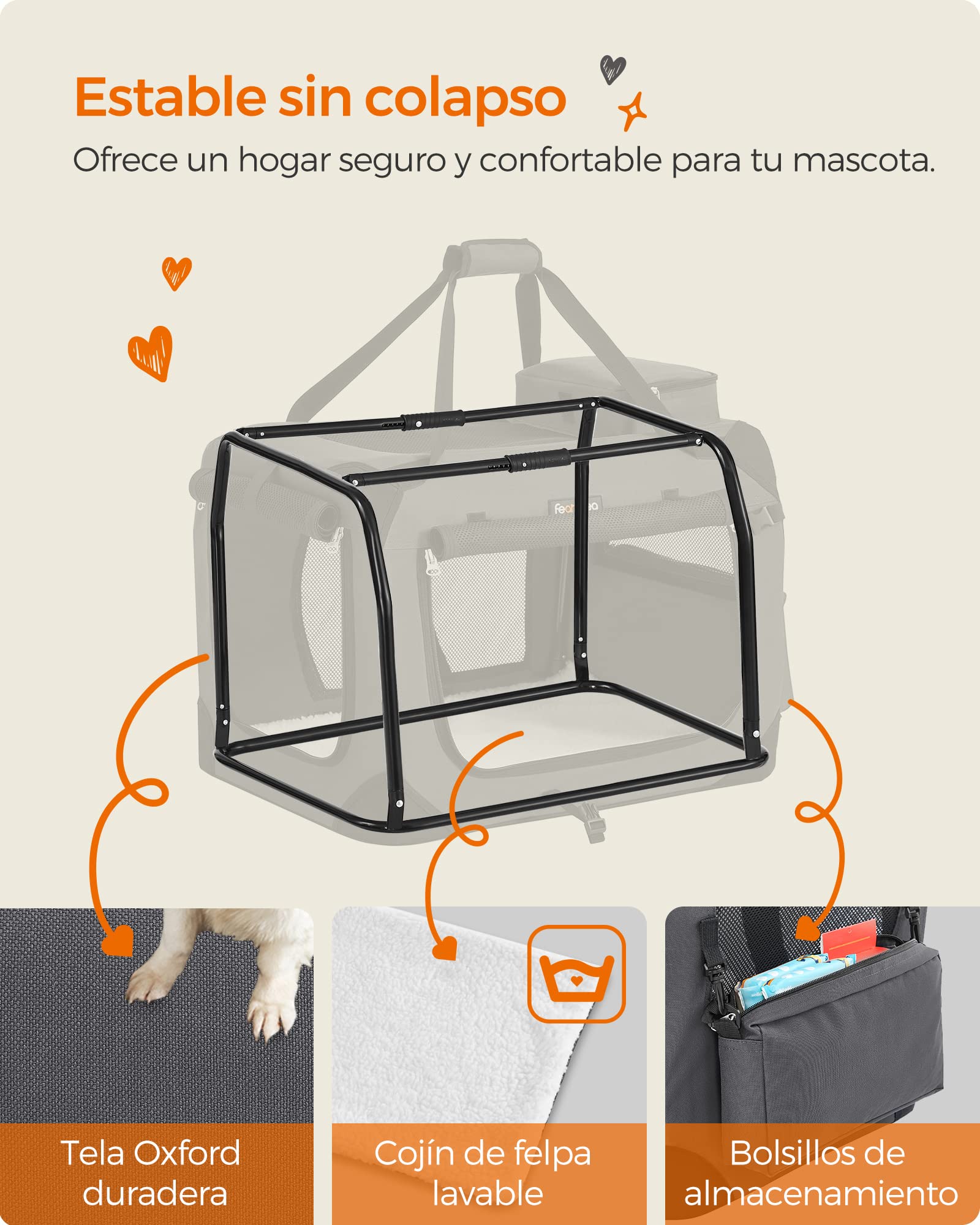 FEANDREA Transportín para Gatos y Perros, Plegable, Tamaño M, Tela Oxford, Malla Transpirable, Portátil, Marco Metálico, con Asas y Bolsillos, 60 x 42 x 42 cm, Gris PDC60GY