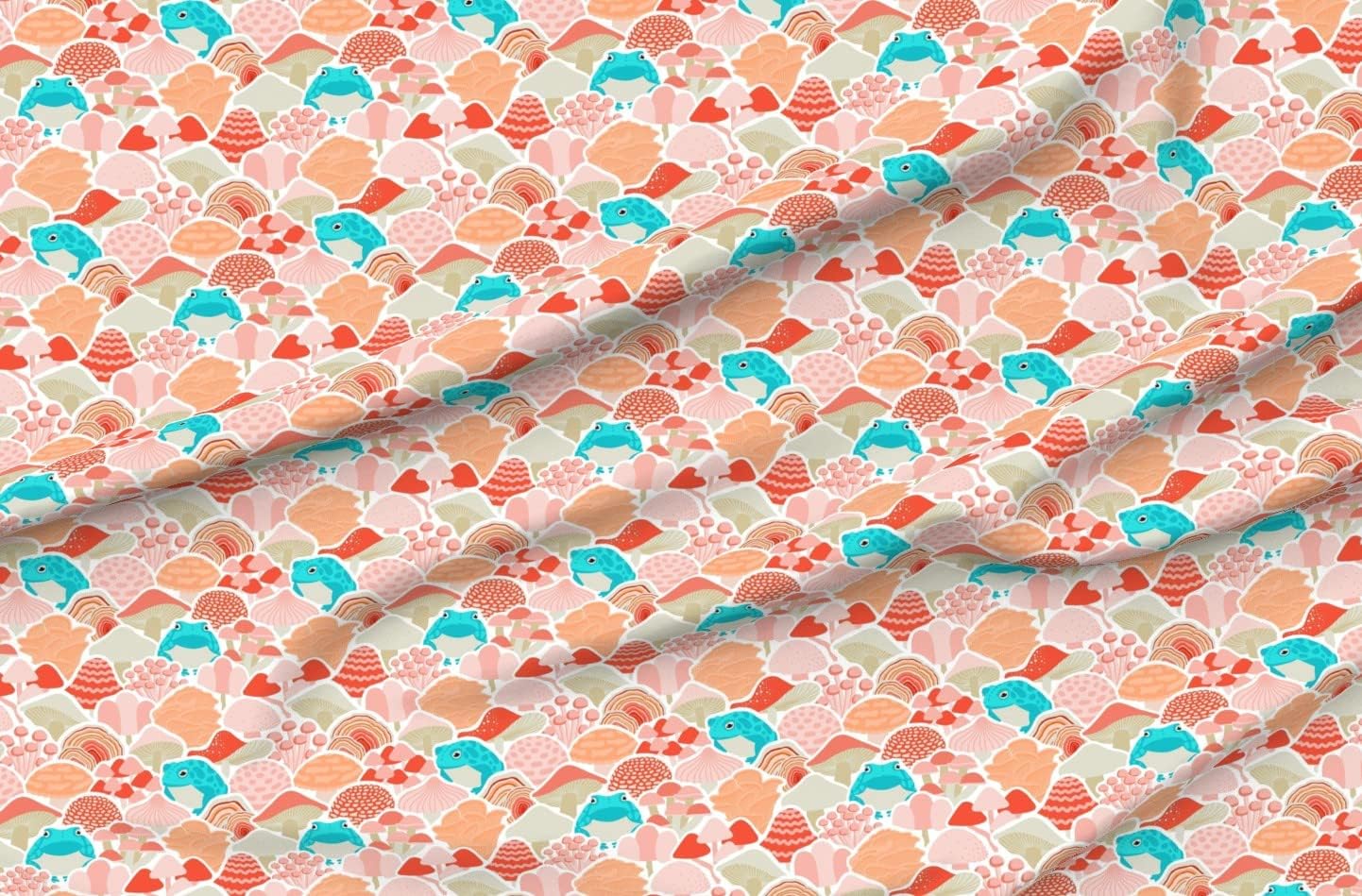 Spoonflower Fabric - Retro Toad Mushroom Magic Cottagecore Woodland Blue Cute Red Orange Printed on Organic Cotton Sateen Fabric by The Yard - Sewing Quilting Apparel Home Decor