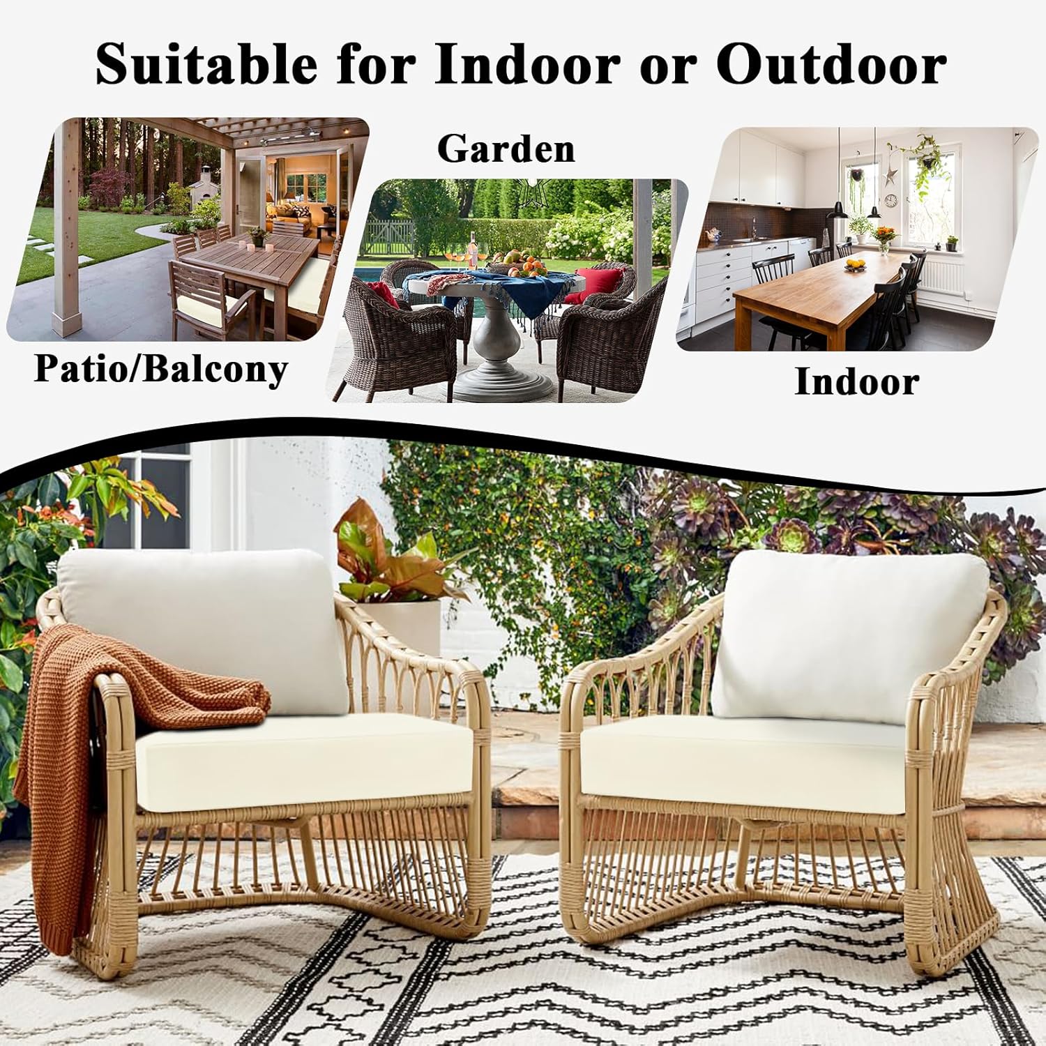 Topotdor Outdoor Chair Cushions for Patio Furniture,Waterproof Patio Chair Cushions Set of 2,Indoor/Outdoor Round Corner Chair Seat Cushion with Ties,17"x16"x2" Cream