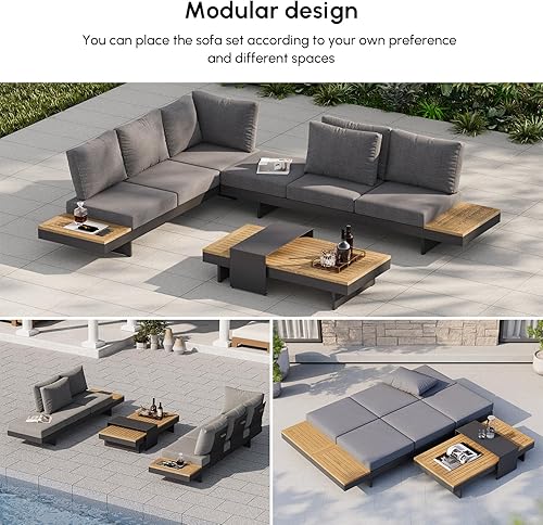 Miniatura 3 de homary Juego de 6 sofás seccionales de aluminio y teca para patio al aire libre, muebles de exterior con respaldos ajustables, impermeables, cojines