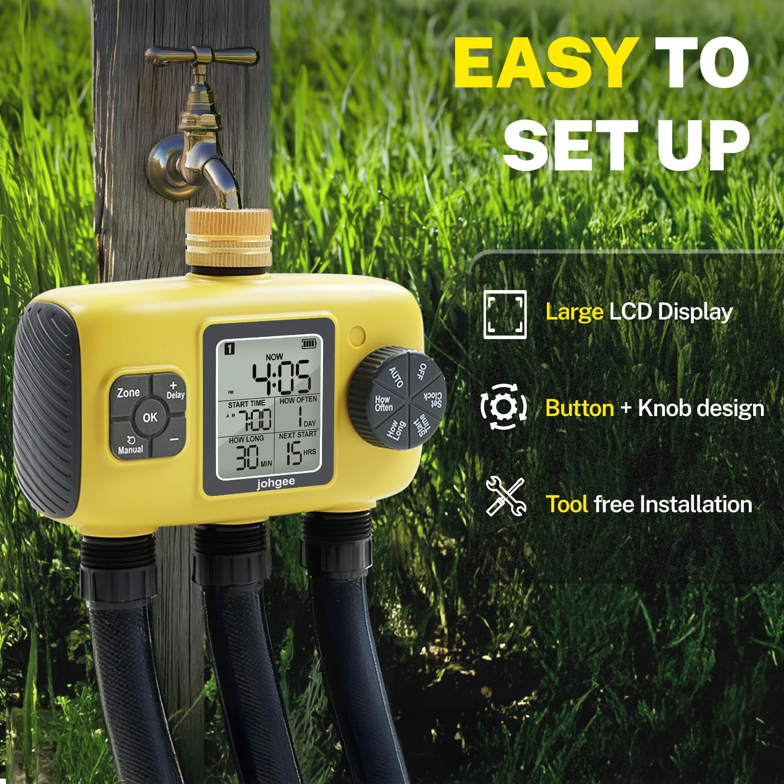 Johgee Programador Riego 3 Salidas con Entrada de latón, 3 programas de riego de Zonas Temporizador de riego de jardín, Temporizador de riego automático Modo retardado por Lluvia/Manual/automático