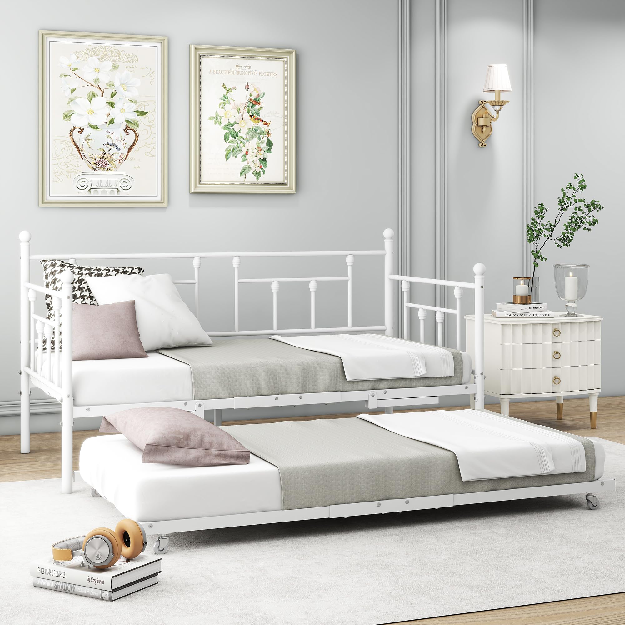 HOMERECOMMEND Twin Daybed with Trundle Steel Slat Support Space Saving Trundle Sofa Bed and Multi-Functional Furniture for Living Room and Guest Room,