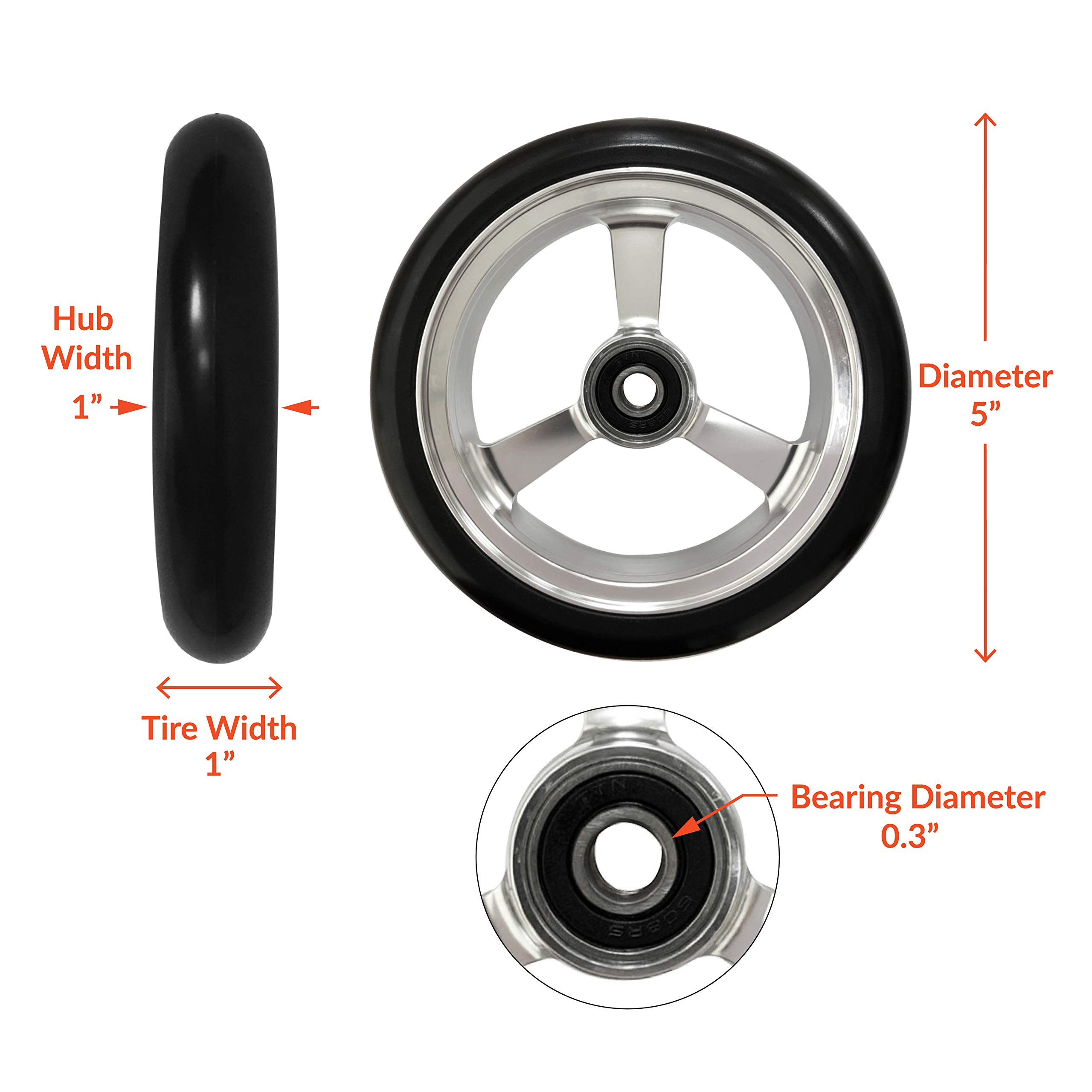 RIANTWHEEL, 1.9 x 1 pulgadas, ruedas de poliuretano, ruedas para silla de ruedas, borde de aluminio, un par (plata)