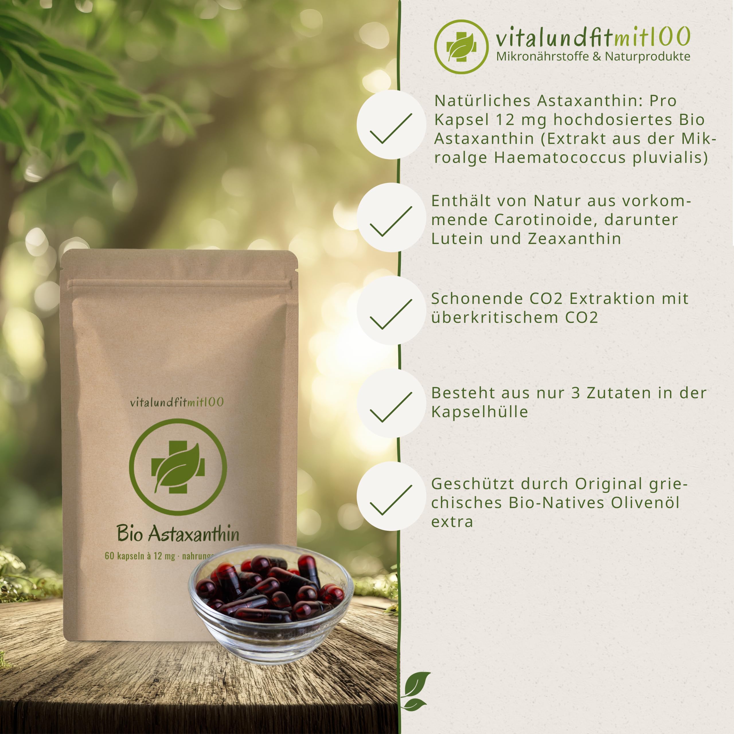 vitalundfitmit100 Bio Astaxanthin 12 mg, 60 Kapseln hochdosiert, mit Olivenöl, vegan