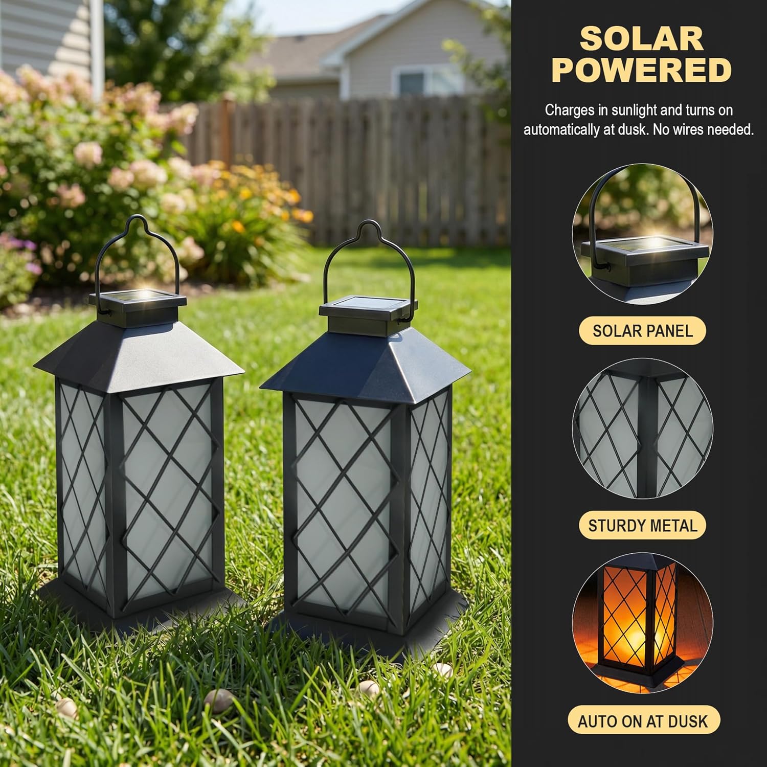 Solar Lanterns Outdoor Waterproof, 2 Pack 13" Metal & Glass Hanging Solar Lantern Lights, Cross Pattern IP46 Decorative Outdoor Solar Lanterns for Patio Table Yard Porch Garden Decor