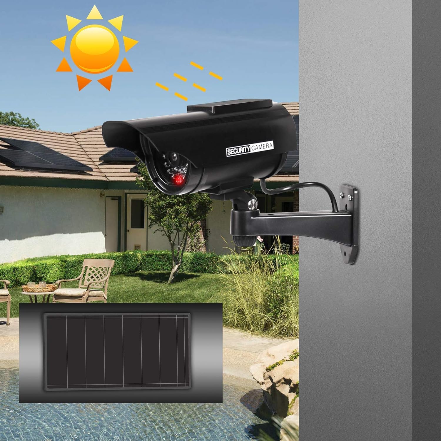 ERWEY 4 Stück Dummy Kamera Solar Betriebene Simulierte Dummy Surveillance Sicherheit Kamera mit Blinkendem LED, Schwarz