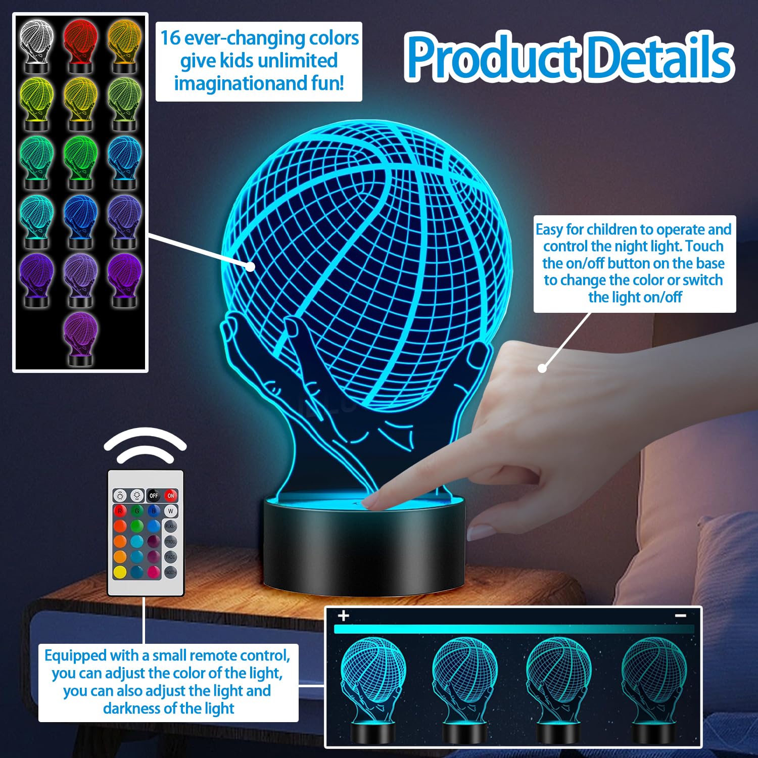 DAHEYMA Lampe 3D LED Basket – Veilleuse Basket 16 Couleurs Avec Télécommande, Lampe Ambiance Panier Tir Gagnant Numéro 24, Cadeau Garçon Passionné