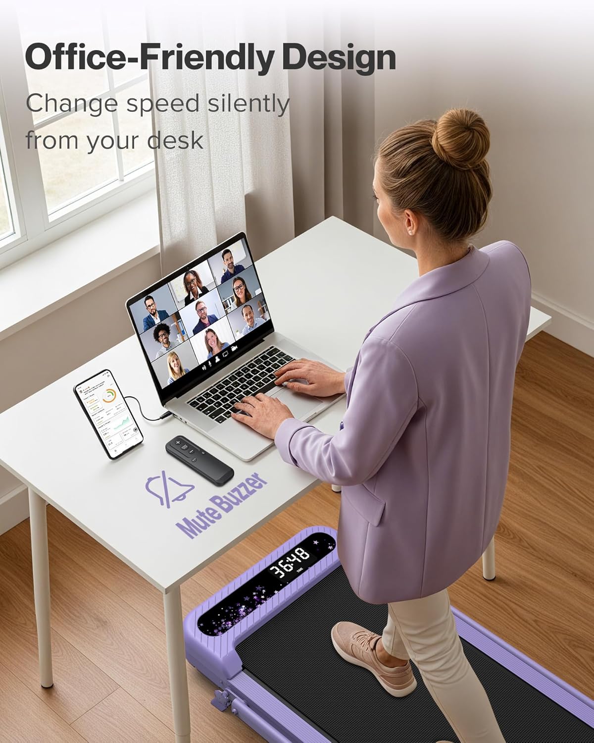 WELLFIT Folding Treadmill with Handlebar, 320 LBS Incline Walking Pad, Quiet Under Desk Treadmill for Home Office, APP & Voice Control, No Assembly Compact Foldable Treadmills, Purple Gift for Women
