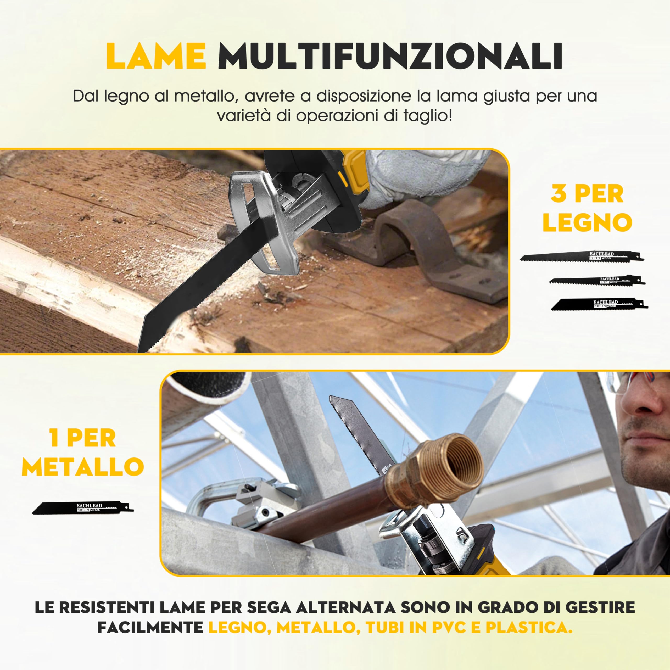 Sega a Gattuccio Compatibile con Dewalt 21V, Seghetto Elettrico Senza Filo con 4 Lame, Velocità Regolabile 0-2500 RPM per Taglio di Legno/Metallo/PVC (Senza Batteria)