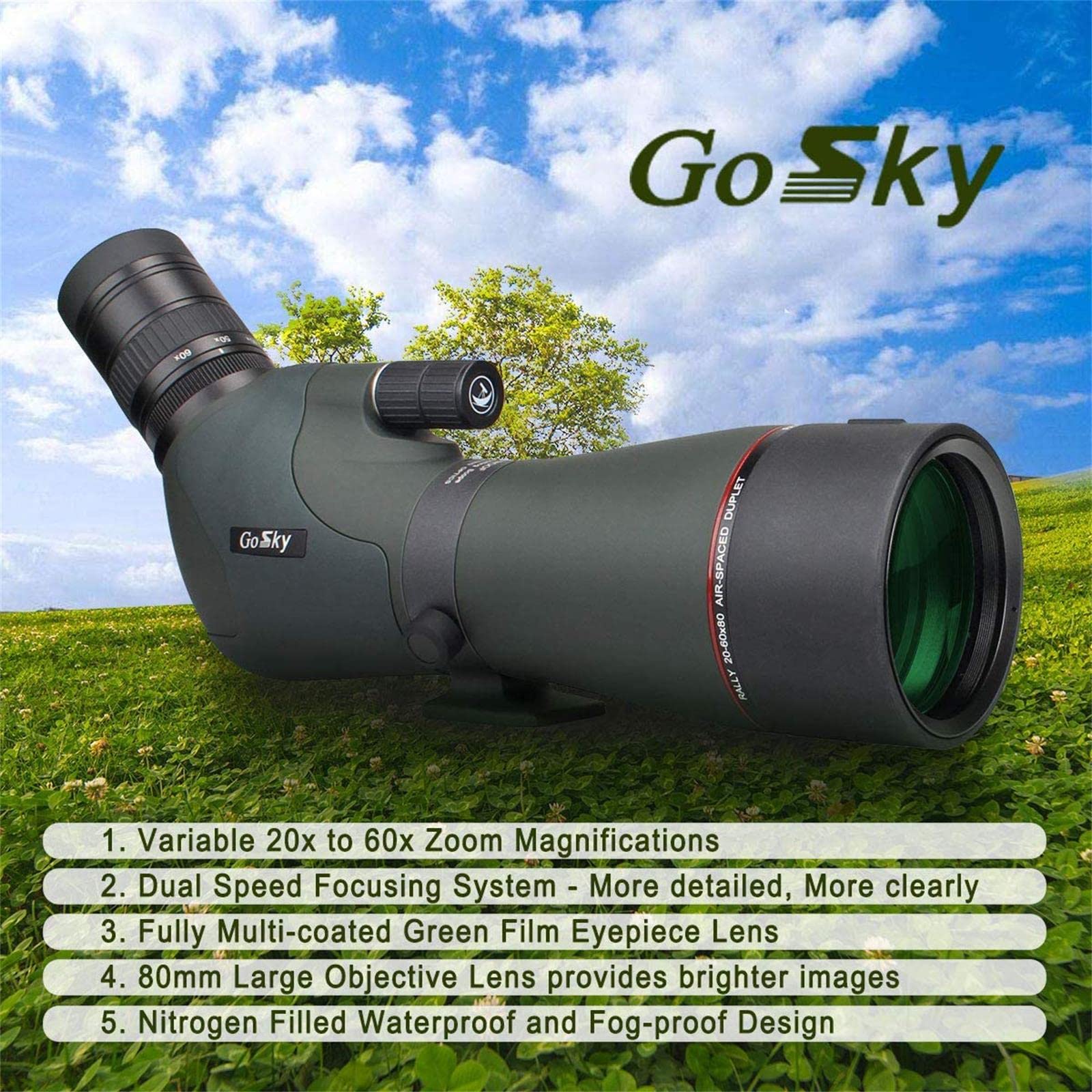 Gosky Newest 20-60x80 Dual Focusing Spotting Scope - Waterproof HD Optics  Zoom Scope with with Carrying Case and Smartphone Adapter for Hunting Bird 