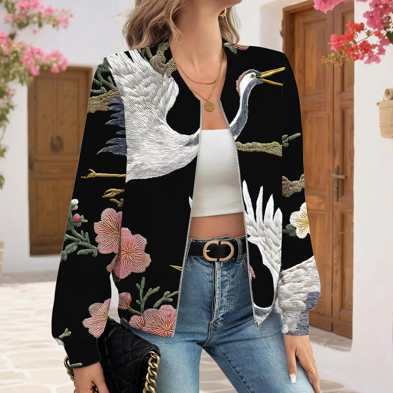 LIZALIG Women's Floral Print Bomber Jacket Casual Vintage Zip Coat Lightweight Long Sleeve Outwear Tops Windbreaker - Image 5