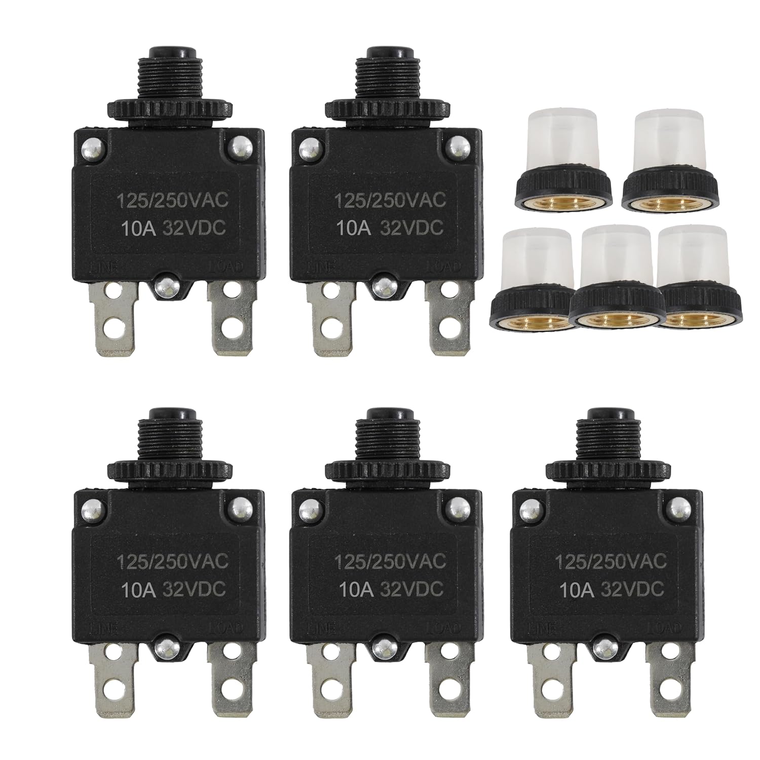 5pcs Push Button Reset 15 Amp Circuit Breakers with Manual Reset 32VDC, Trolling Motor Plug Stabilizer AC125-250V with Quick Connect Terminals
