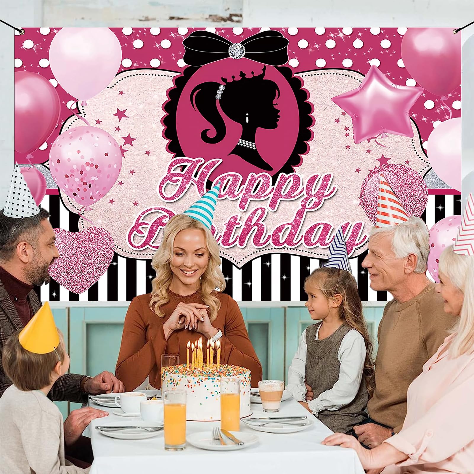 Princess Happy Birthday Party Banner Pink Go Love Balloon Photography Backdrops Bow Baby Shower Photo Background Polyester Fabric 71x44 inch