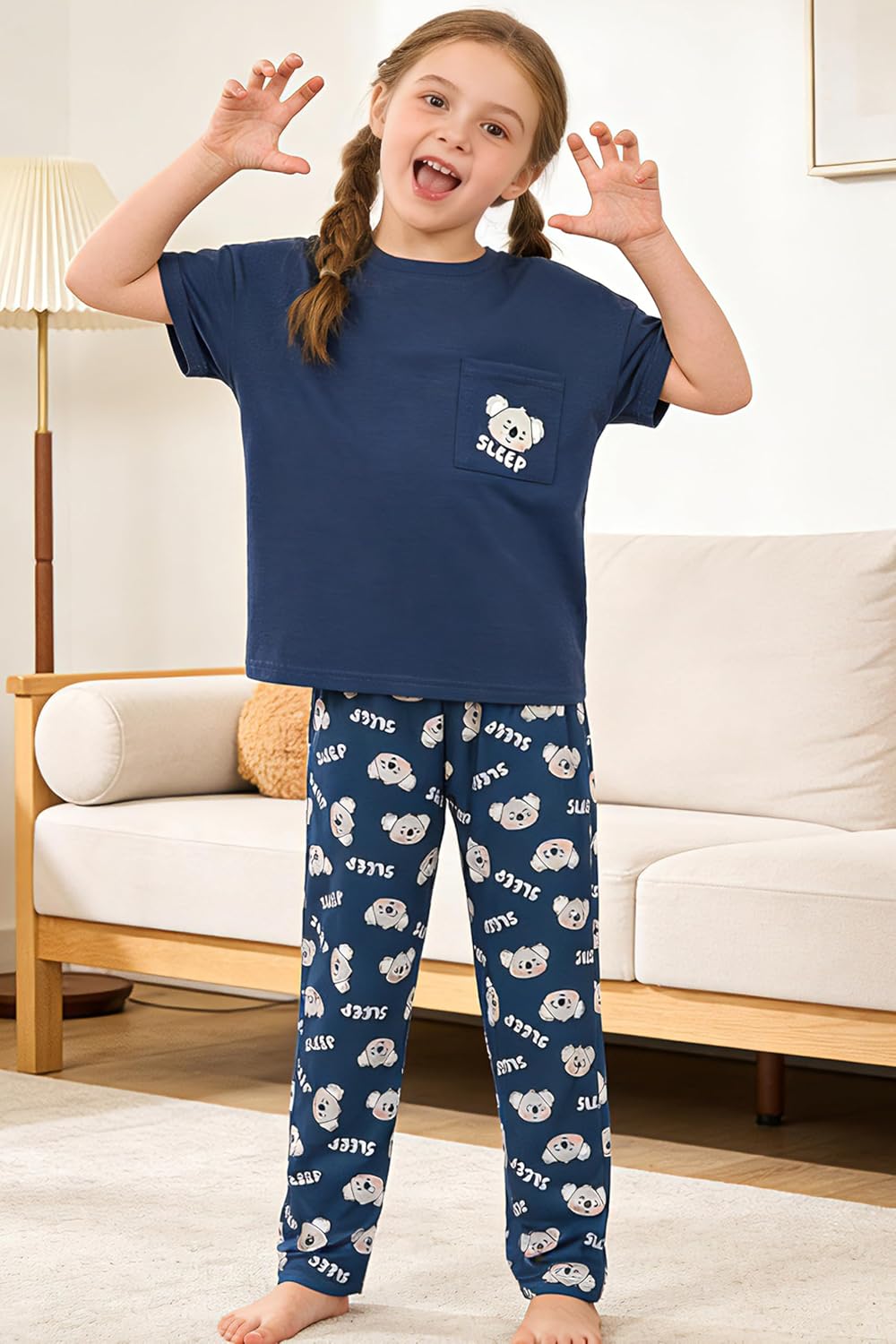 Hupohoi Kids Pajama Sets 3pcs Cartoon Sleepwear Chest Pocket Short Sleeve Top with Shorts Pants Nighty Pjs 6 to 18 Years