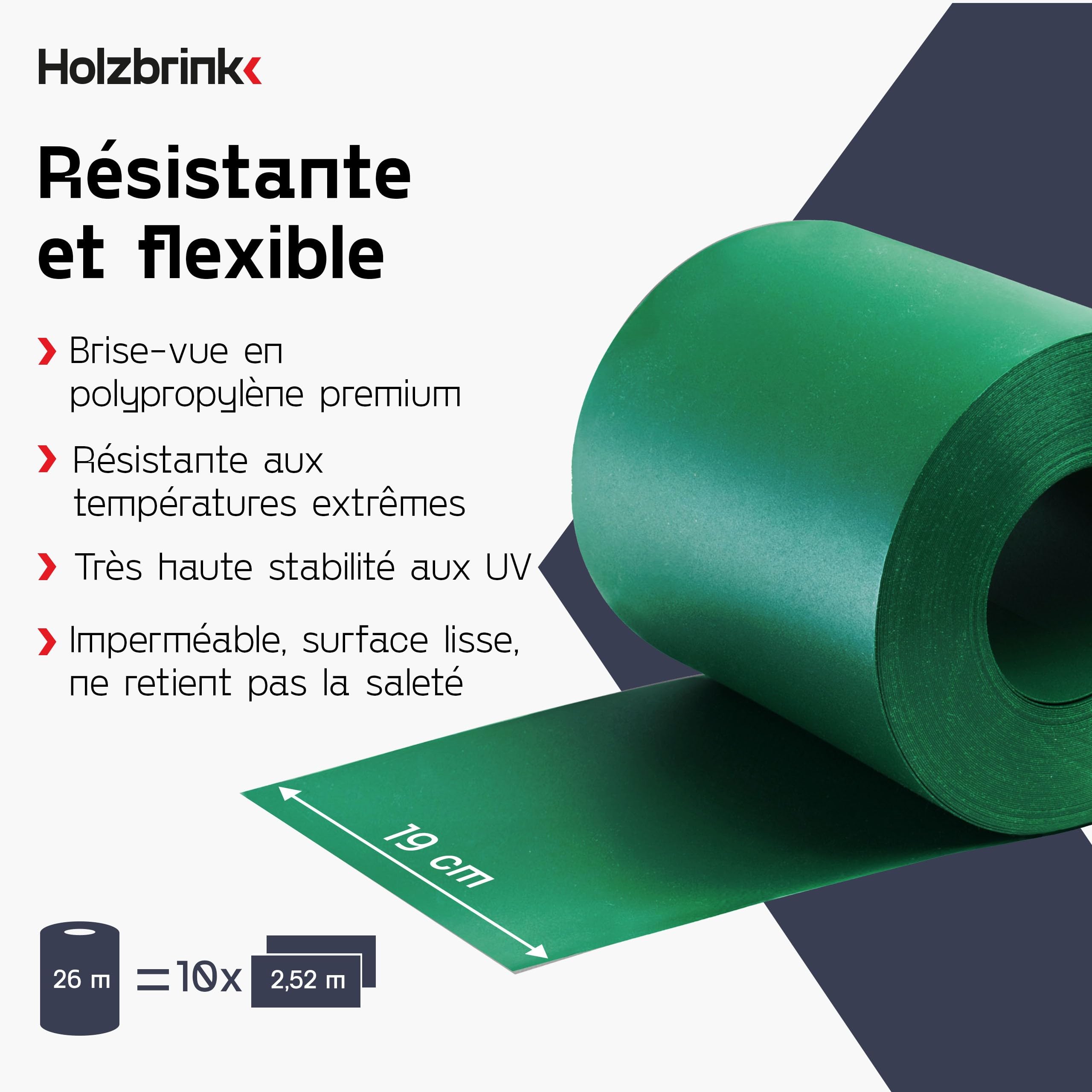 HOLZBRINK Brise vue occultant en PP | 19 cm x 26 m | Lamelle occultation grillage rigide | Rouleau brise-vue pour extérieur, balcon, jardin | vert (RAL 6005)