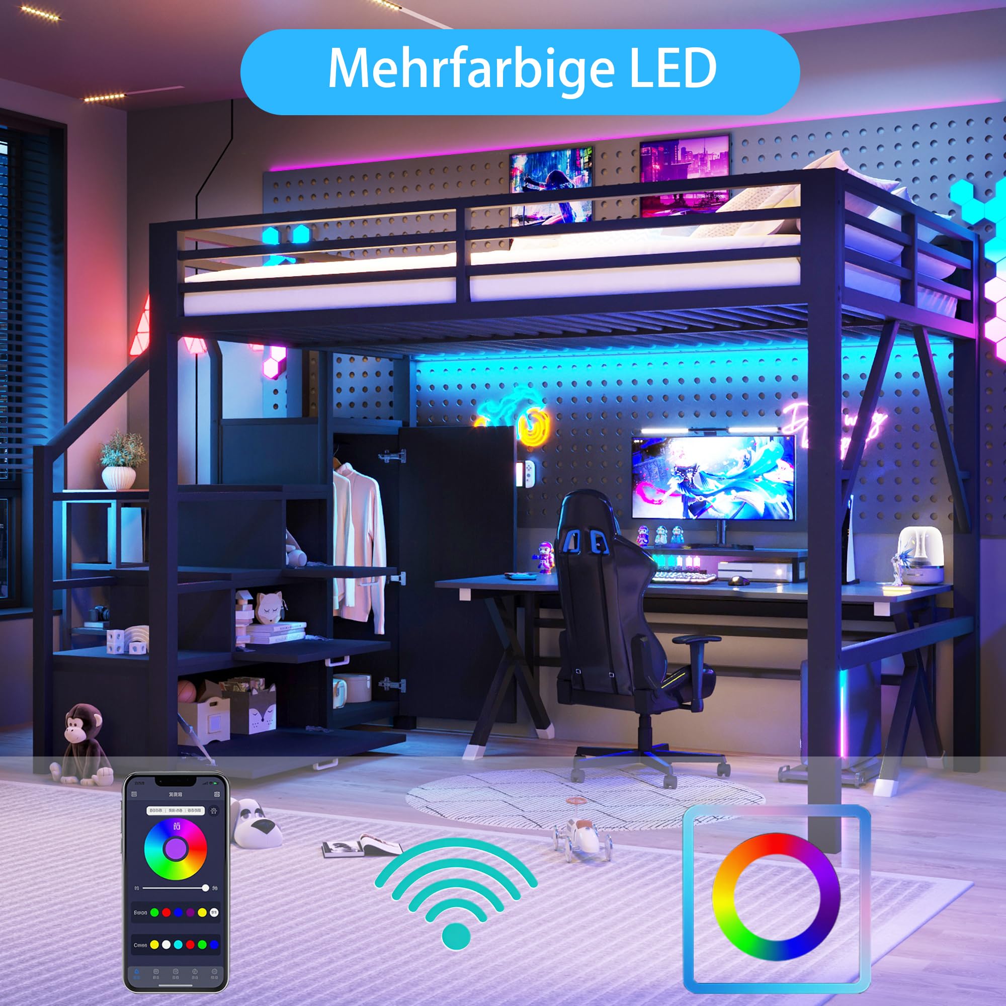 BTM Metall Gaming Hochbett 140x200 mit Kleiderschrank & LED Beleuchtung Hochbett Jugendliche mit Stauraum Treppe, Schwarz