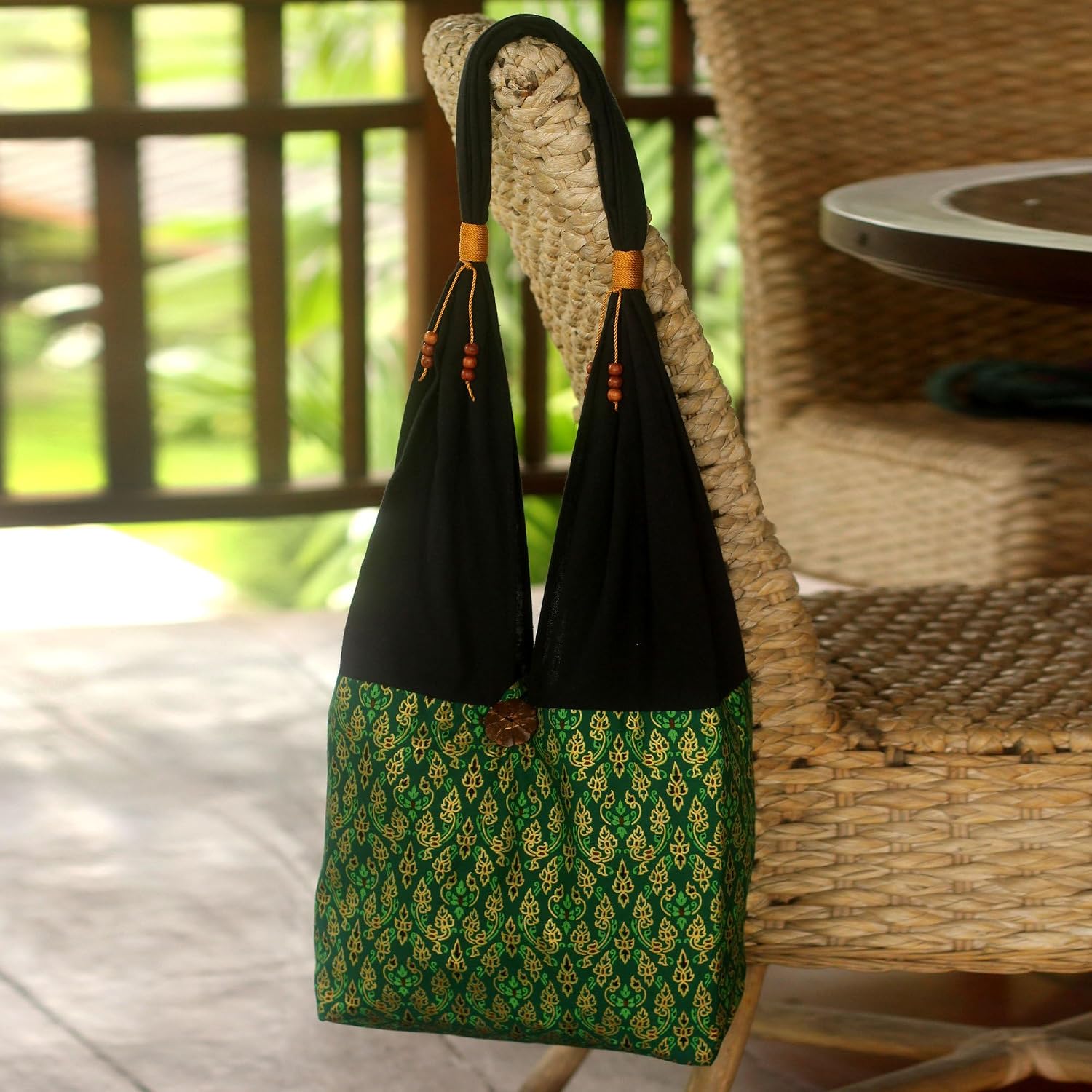 NOVICA Artisan Handmade Cotton Sling Tote Bag Crafted Shoulder Coconut Shell Handbags Green Patterned Thailand ' Thai Emerald'