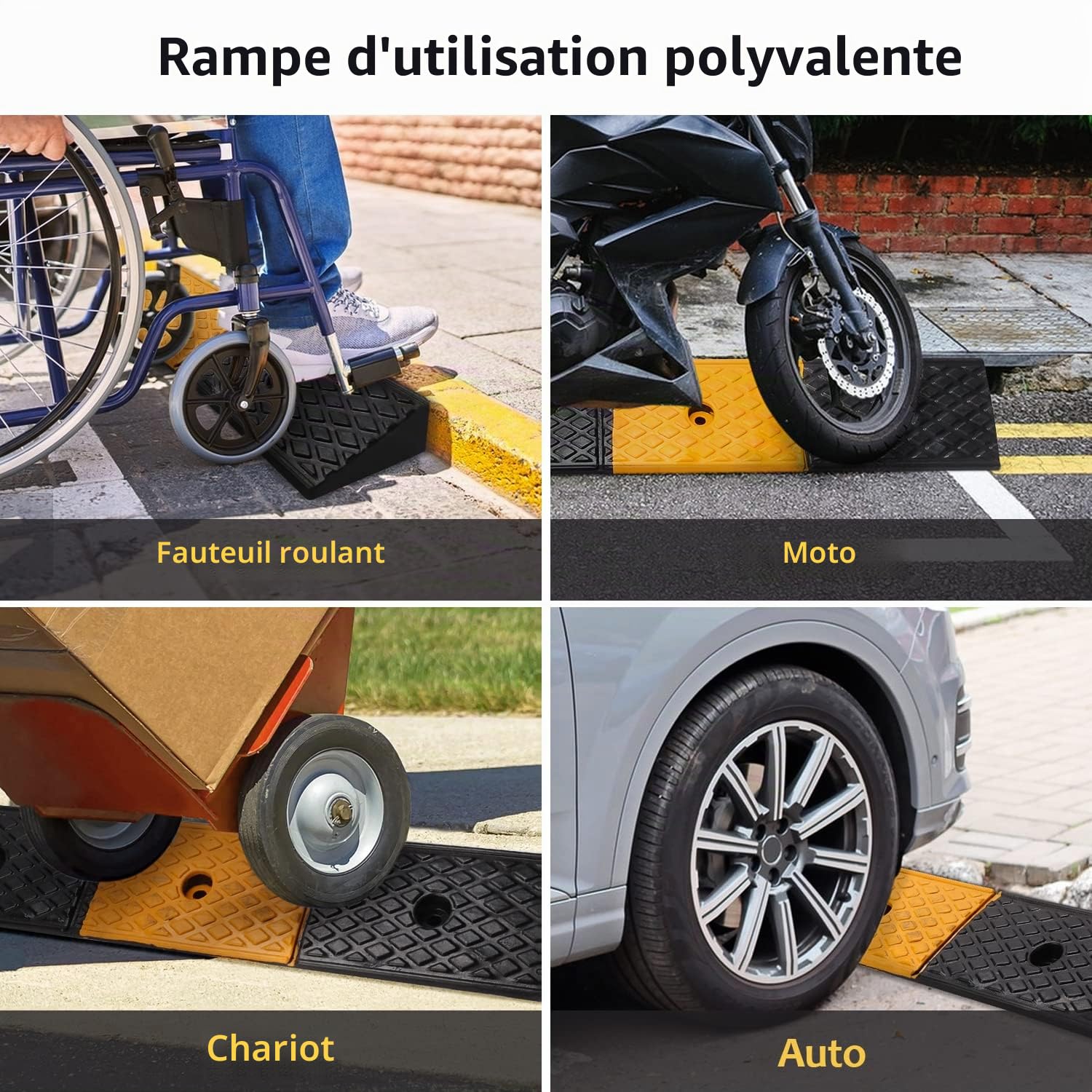 uyoyous Rampe de trottoir en caoutchouc de 5 cm de haut - Rampe de seuil de porte - Rampe d'accès - Rampe en caoutchouc pour allée, trottoir, moto, scooter, voiture, 100 x 15 x 5 cm, jaune + noir