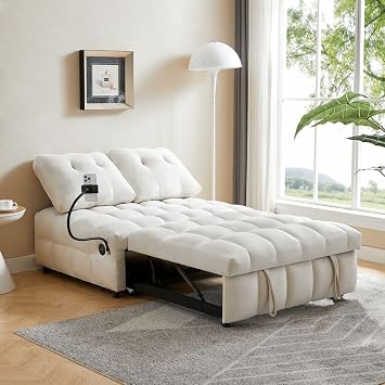 3 in 1 Multifunction Sleeper Sofa Couch Bed Convertible Sofa Pull-Out Bed Velvet 2- seat Lounge Sleeper Sofa Independently Removable backrest Have USB Port and Swivel Phone Stand Beige
