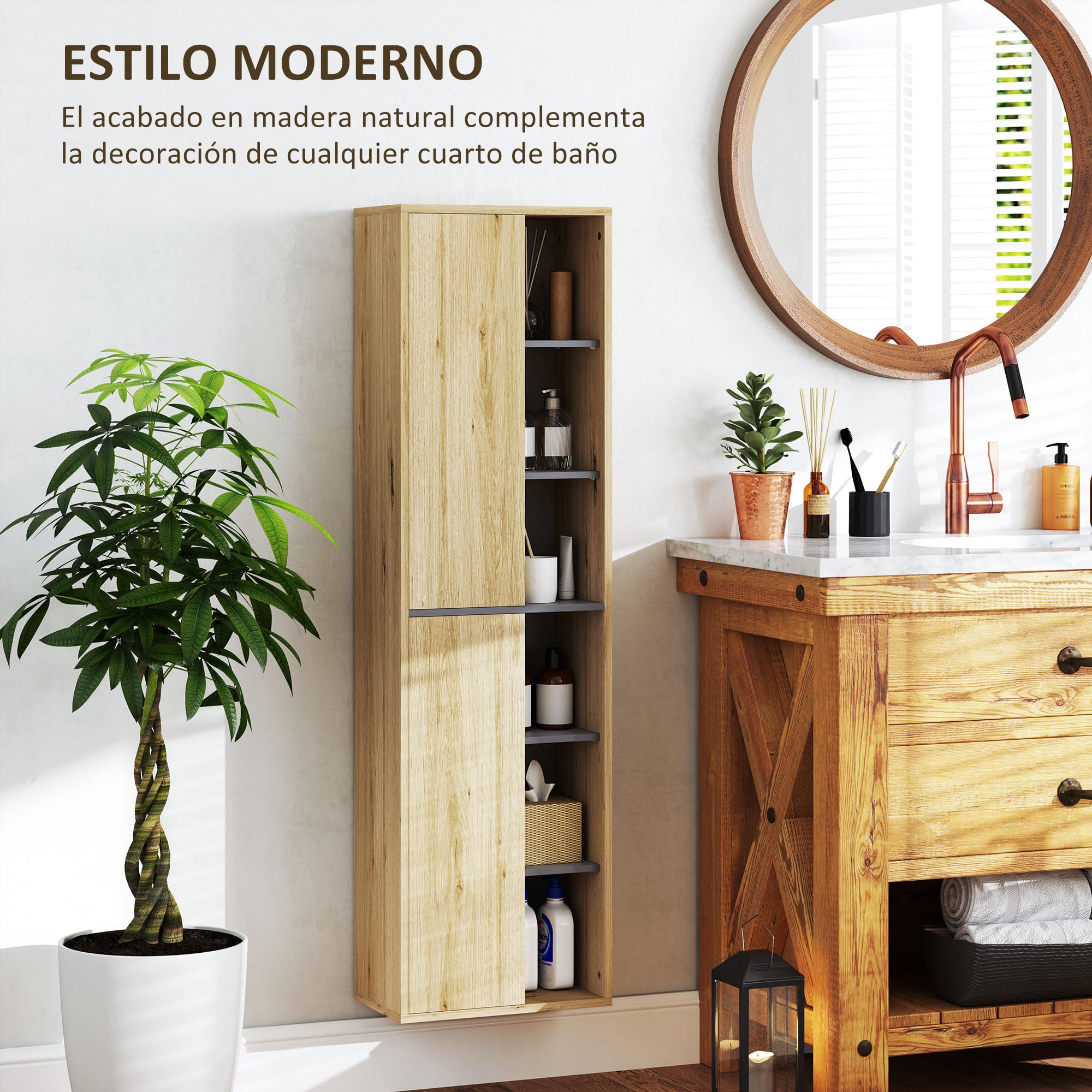 HOMCOM Columna de Baño de Pared Armario de Baño con Compartimentos Abiertos y 2 Puertas Mueble de Baño Moderno 40x24x141,5 cm Natural