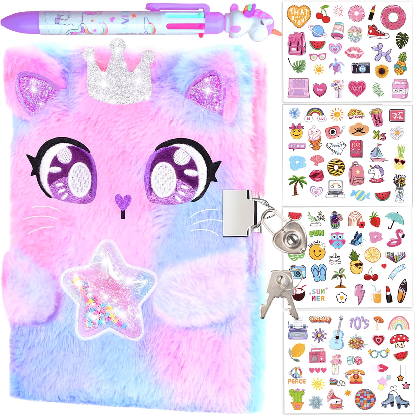 Diario per ragazze con lucchetto e chiavi, diario scolastico e viaggio, set regalo per scrivere e disegnare, penna multicolore, adesivi, regalo di compleanno per ragazze (gatto viola)