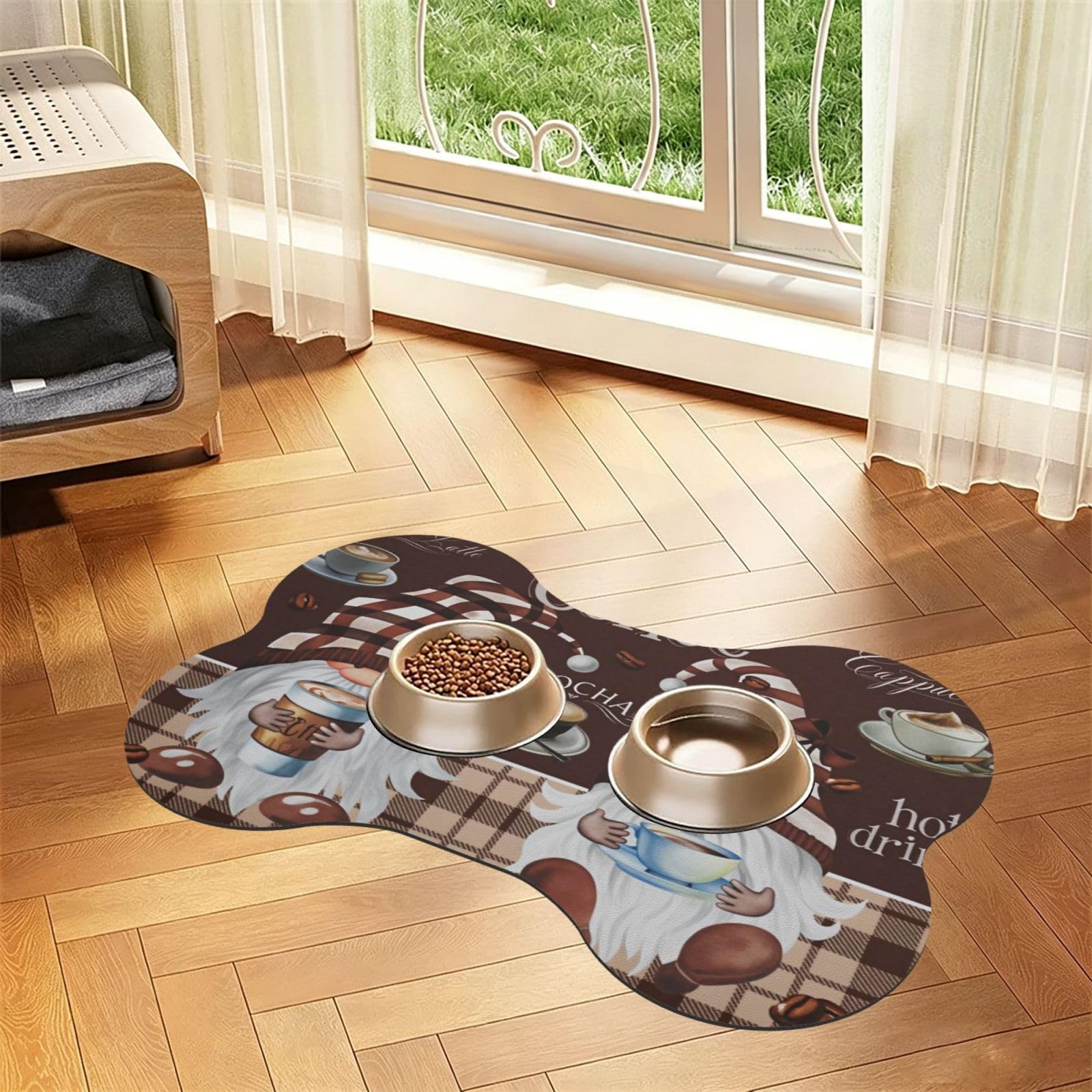 Tappetino per ciotola per cani a forma di osso per bevande calde, caffè, latte, cappuccino, caffè, gnomi, impermeabile, in pelle PU, antiscivolo, 40,6 x 61 cm