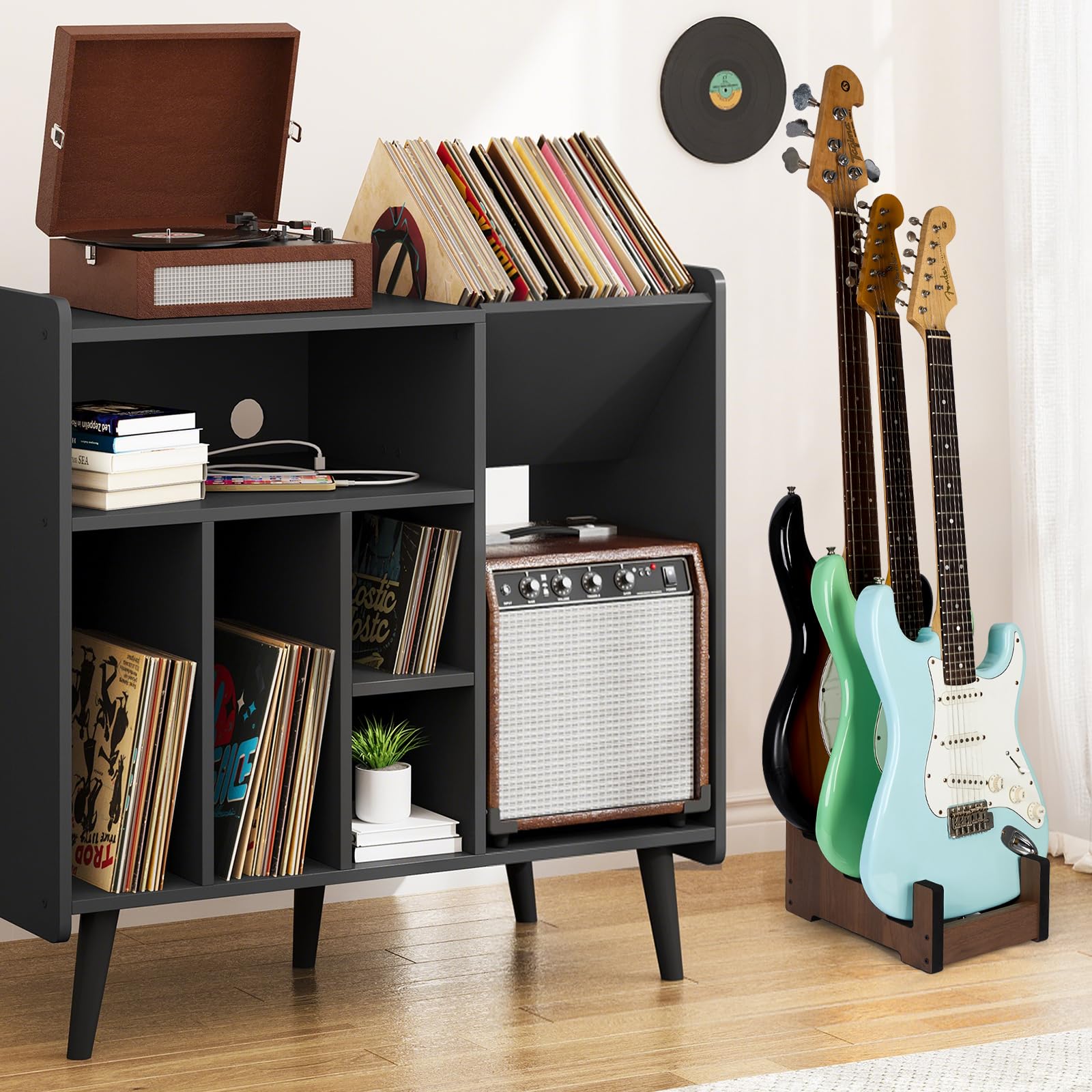 Gitarrenständer aus Holz, 3 Halterungen, platzsparender Gitarrenbodenständer für Zuhause, Musikstudio, Bühne, Walnussholzfarben