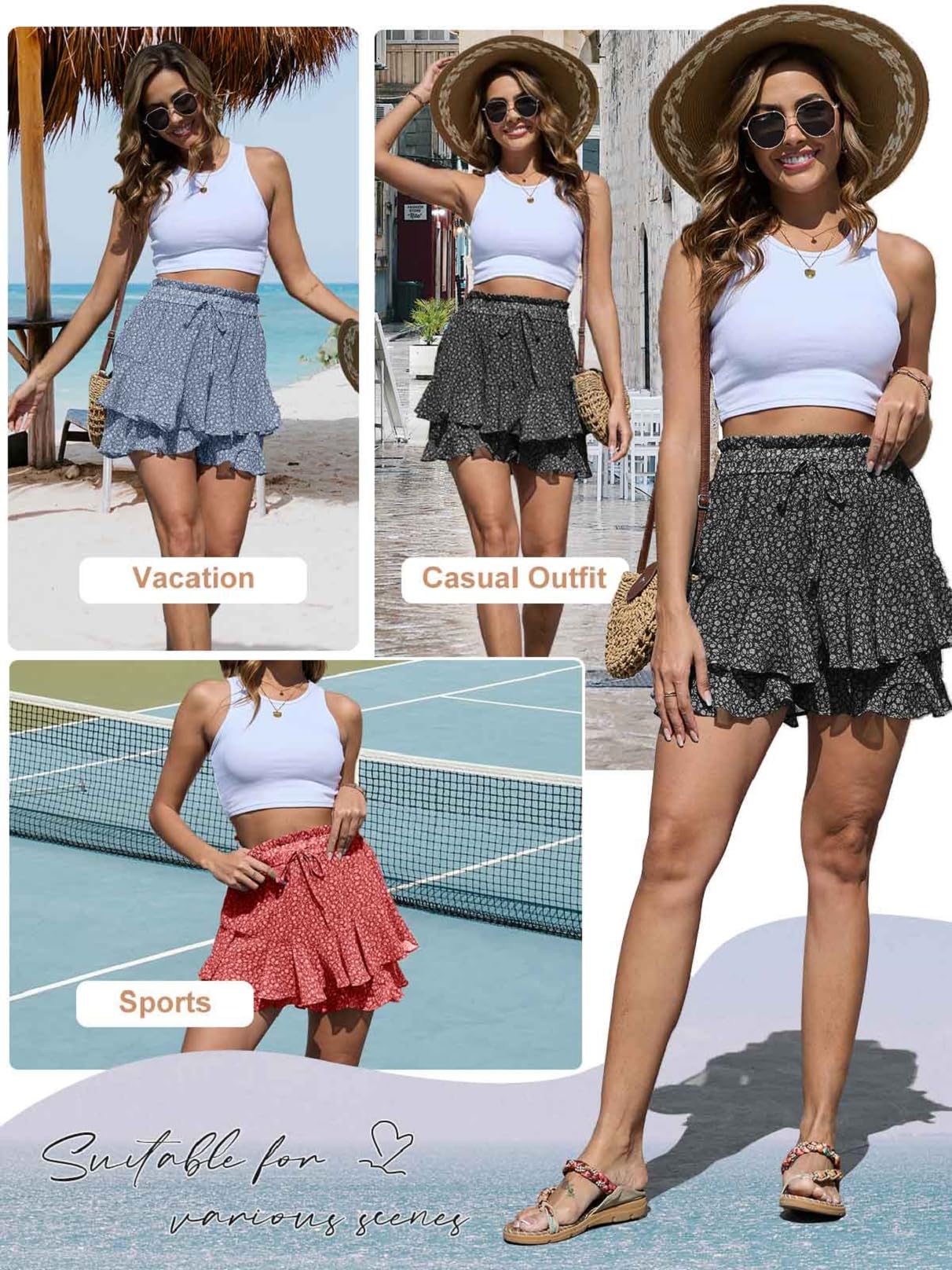 CheChury Pantaloncini Estivi da Donna in Lino a Vita Alta Casual, Gamba Larga Shorts Eleganti con Vita Elasticizzata da Spiaggia Fluenti