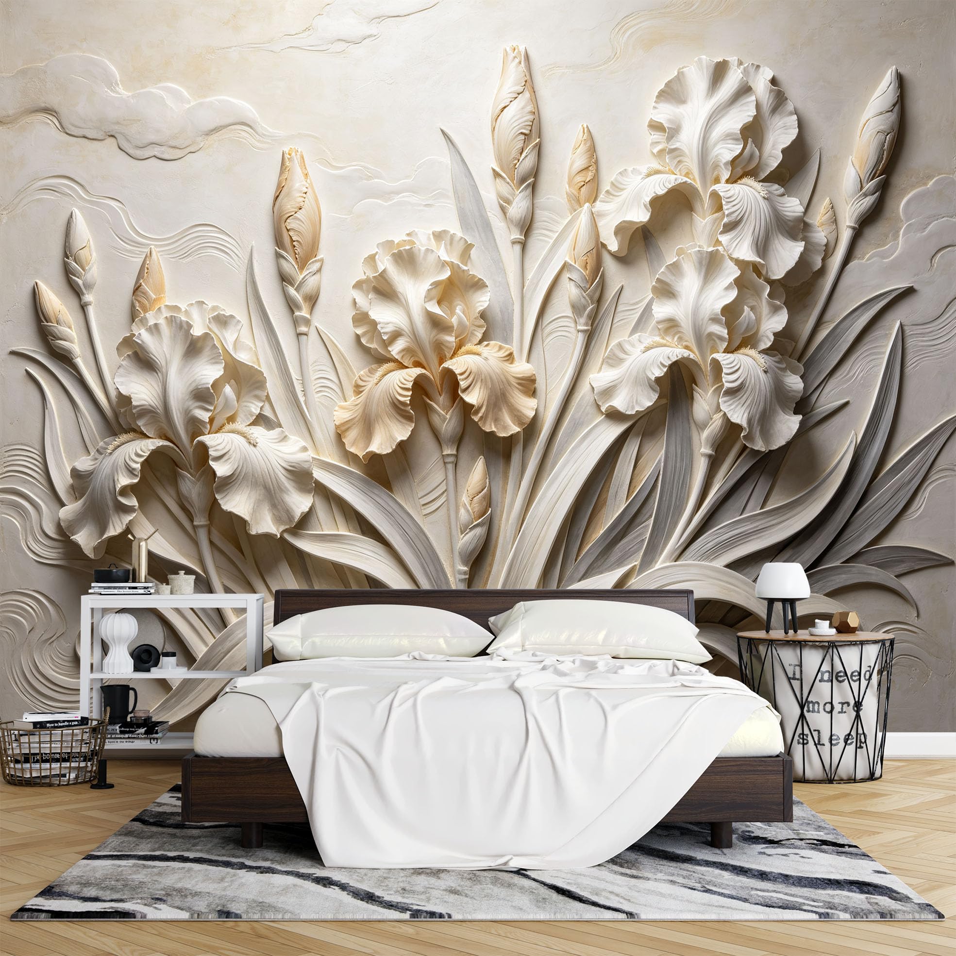 Papier Peint Photo Mural Intissé 3D Motif Iris Crème 265 x 280 cm Décoration Fresque Murale Florale Moderne pour Salon et Chambre.
