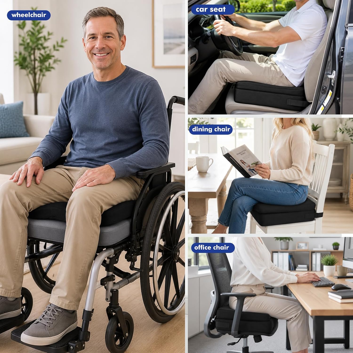 Memory Foam Seat Cushion for Long Sitting, Adjustable Height Booster Seat Cushion for Office Chair, Hip Cushion Post Surgery Recovery, Hip Replacement Cushion, Non-Slip Bottom
