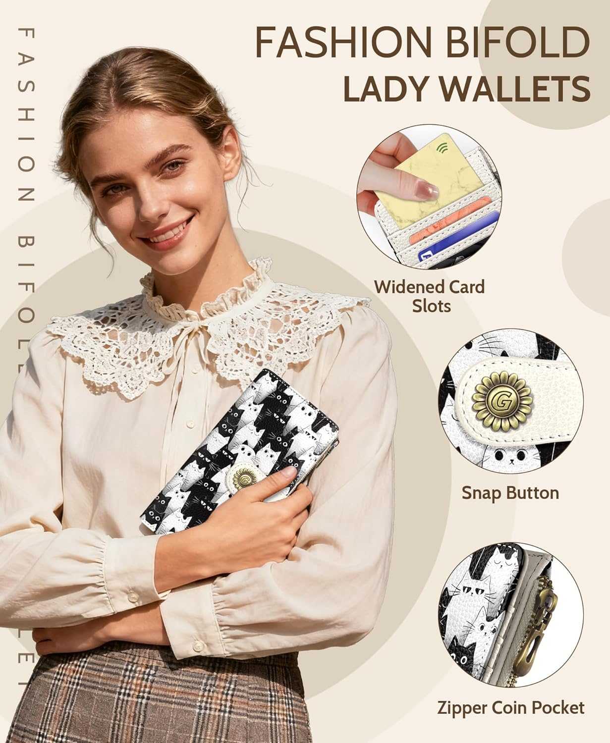 GIANCOMICS White Black Cat Womens Wallet RFID Blocking, Credit Card Holder Bifold, PU Leather Travel Billfold, Long Cute Cash Purse, Zipper Coin Pocket Clutch, 11 Card Slots, Ladies Gift Woman - Image 6