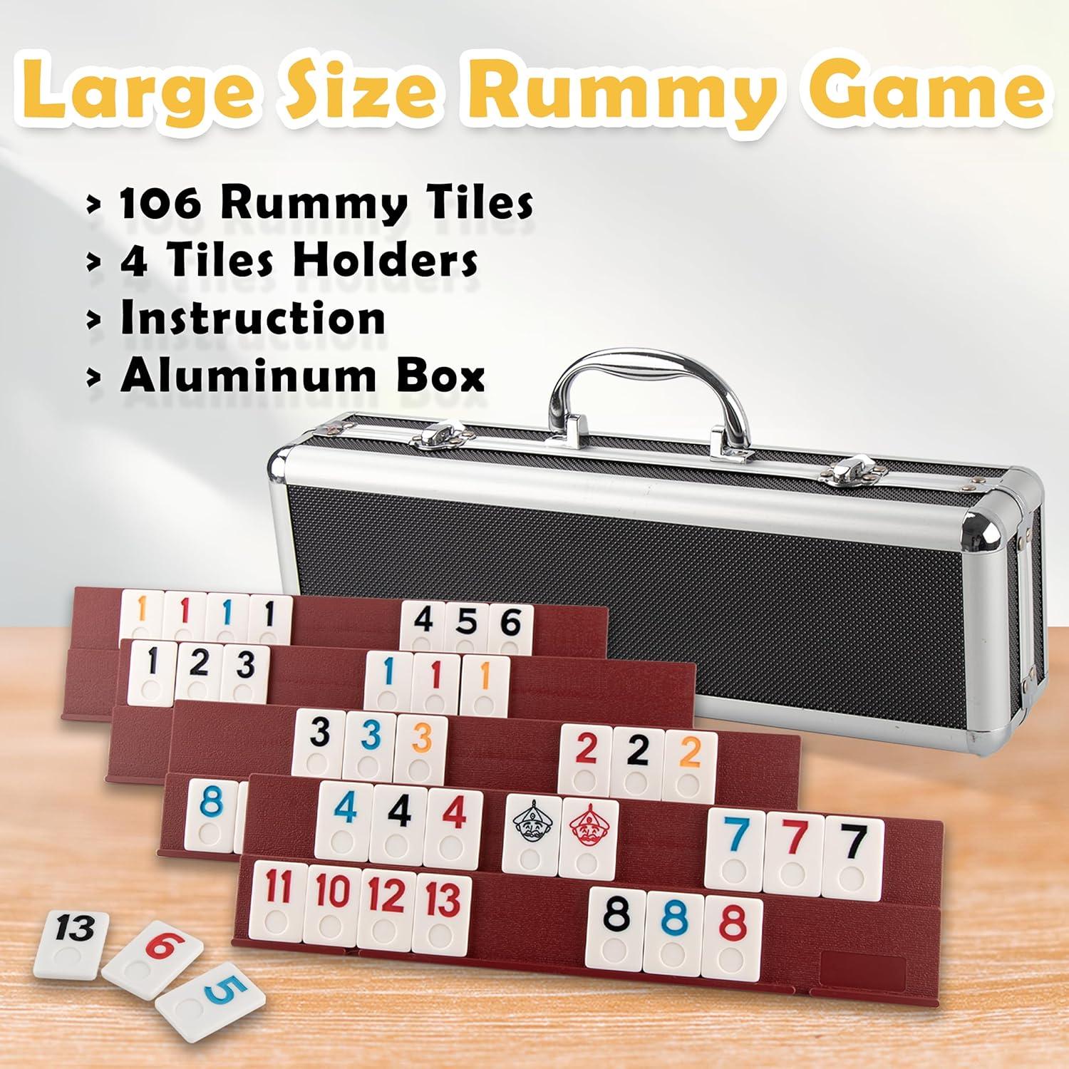 Smilejoy Rummy Cube Game Four Players Edition, Deluxe 106 Tiles Rummy Cube with Portable Aluminum Box, Classic Board Game for Children and Adults,4 Durable Plastic Trays,Timing(2-4 palyers)