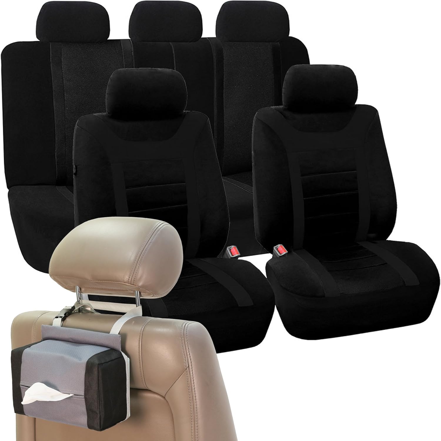 FH Group Car Seat Covers Sports Full Set Black Automotive Seat Covers, Airbag