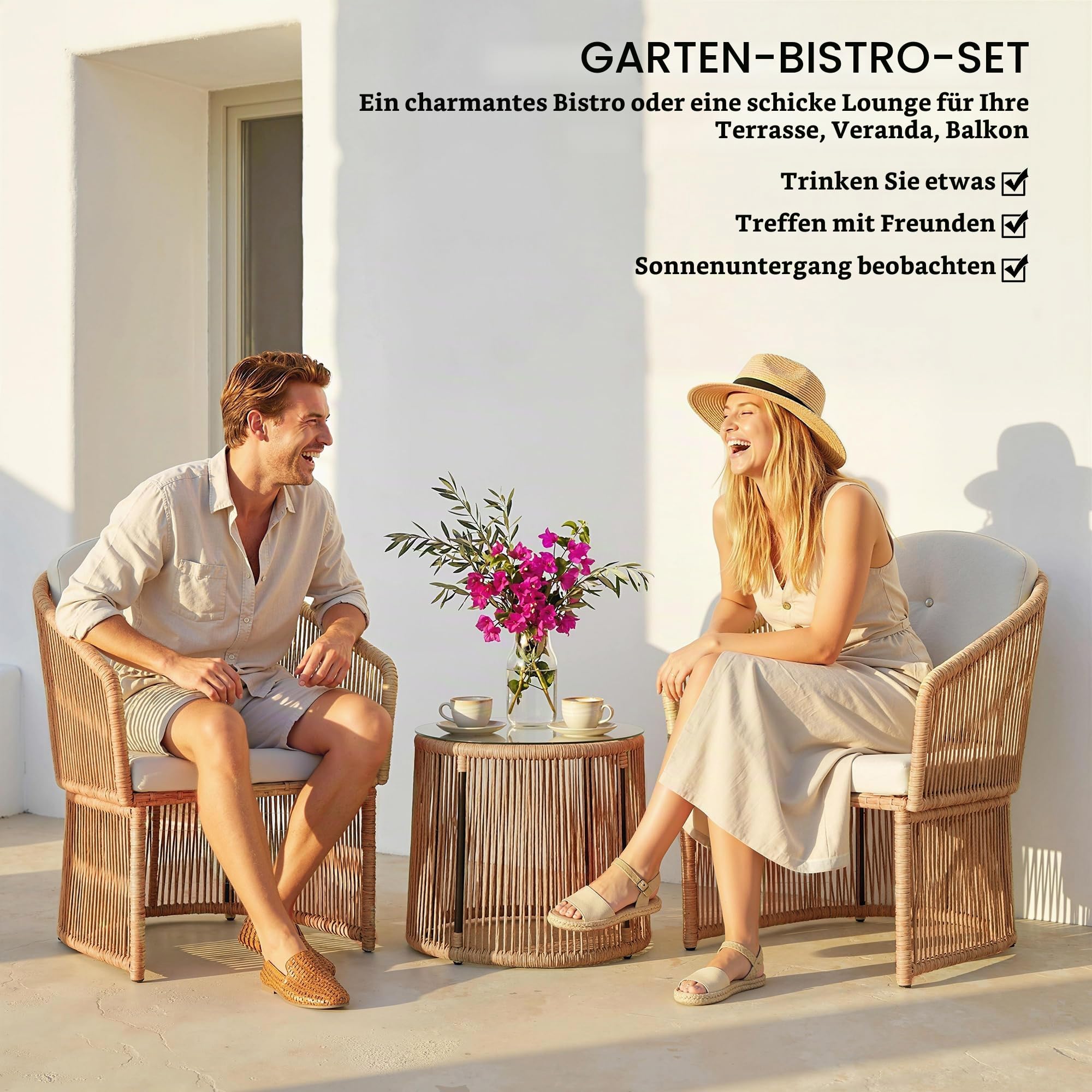 Outsunny Polyrattan Gartenmöbel Set mit Kissen für 2 Personen Cremeweiß