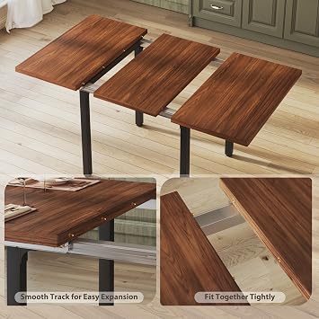 Dining Table Set for 4, Extendable Kitchen Table Set with 4 Chairs, Curved Backrest, Dining Room Table with Solid Metal Frame & MDF Board, for Kitchen Room and Small Spaces, Easy Assembly, Walnut
