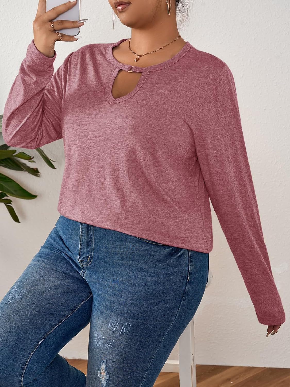 Plus Size Tops for Women Key Hole Round V Neck Blouses Long Sleeve Cut Out Sexy Tops Tee Casual Fall Shirts 1XL-5XL - Image 4