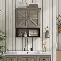 Vista 2 de Bathroom Wall Cabinet with Barn Doors, Wall Mounted Bathroom Storage Cabinet, Farmhouse Style, Adjustable Shelf, Wall Mounted, Grey
