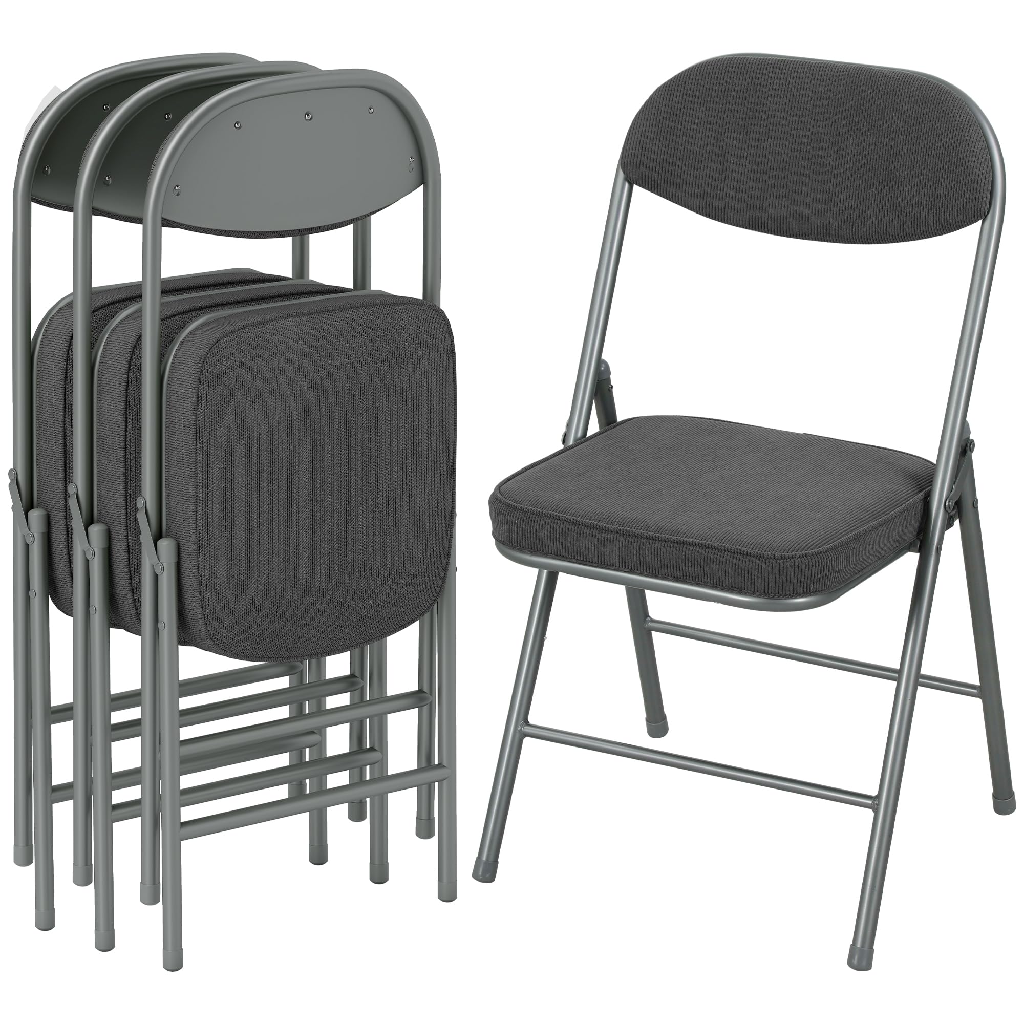HOMCOM Fabric Padded Folding Chairs Set of 4, Foldable Chairs with Corduroy Cushioned Seat and Backrest, Heavy Duty Steel Frame, Multi-Purpose for Home, Office, Dining, Reception, Dark Grey