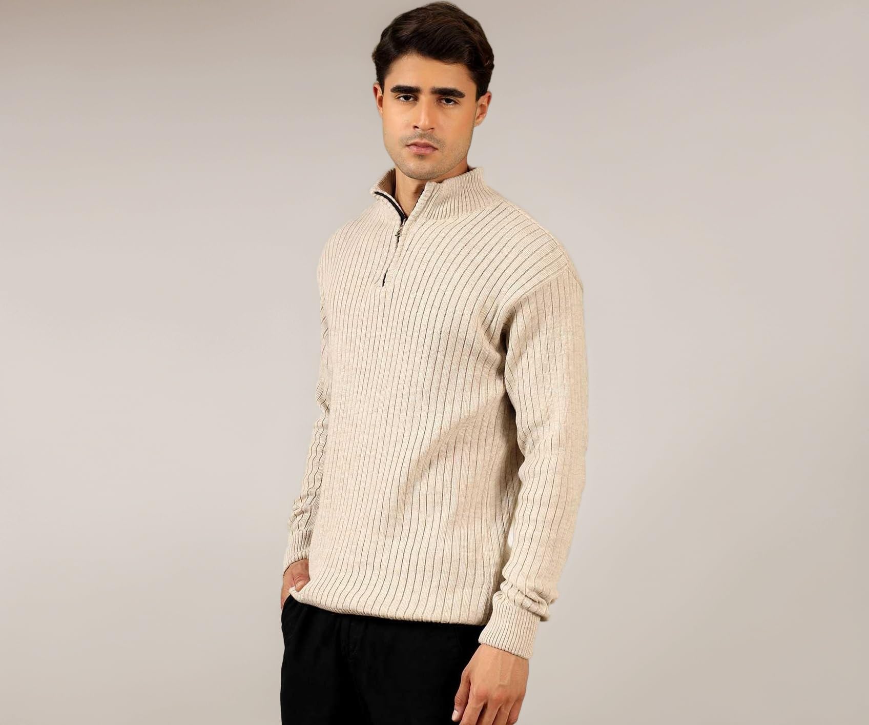 Men High Neck Zipper Full Sleeve Woolen Winter Sweater
