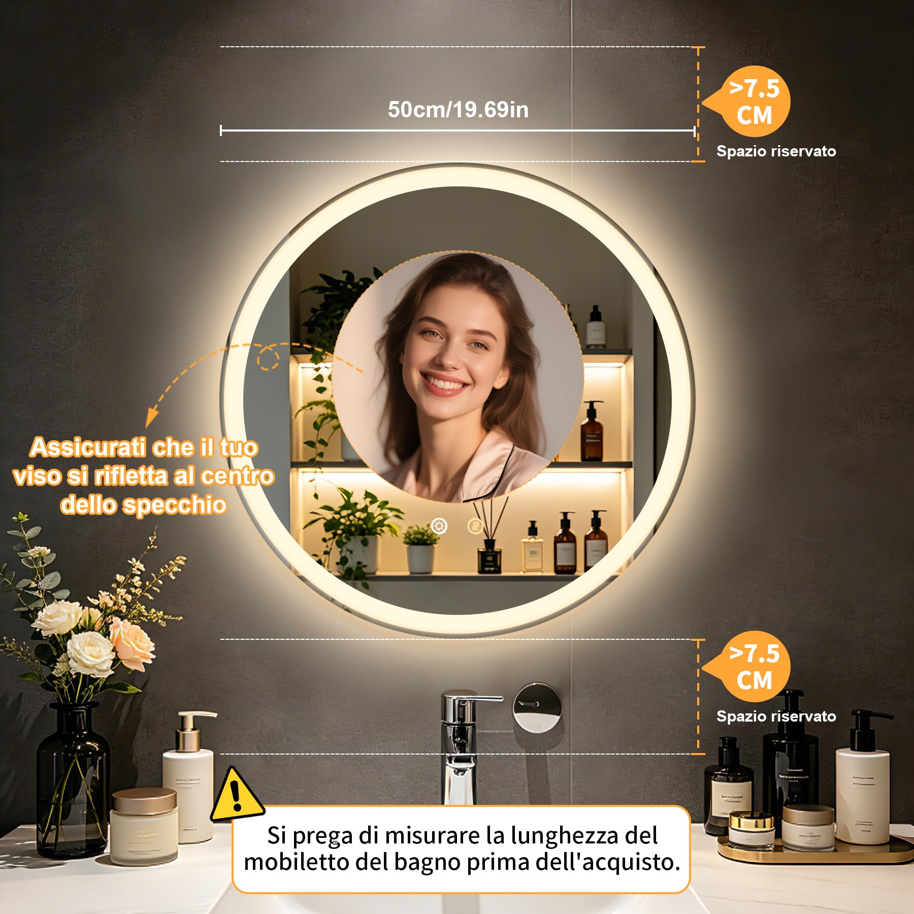 Specchio da bagno rotondo da 49.5 cm con illuminazione a LED | Specchio cosmetico con retroilluminazione, 3 temperature di colore, antiappannamento, luminosità regolabile, IP56