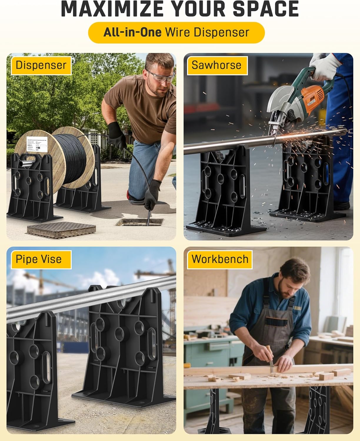 Wyckoff Wire Spool Rack, Electrical Wire Dispenser & Cable Reel Caddy, Multi-purpose Spool Holder Stand Fits up to 34" Reels and Load Capacity 330 LBS -1 Pair (Black)