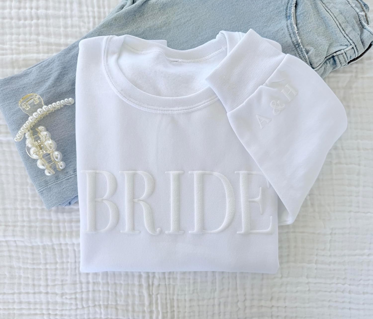 White BRIDE Sweatshirt, Bridal Crewneck with Initials, Minimalist Bride Gift for Engagement, Wedding Day, Bachelorette Party, Embossed, Future Mrs. Sweatshirt