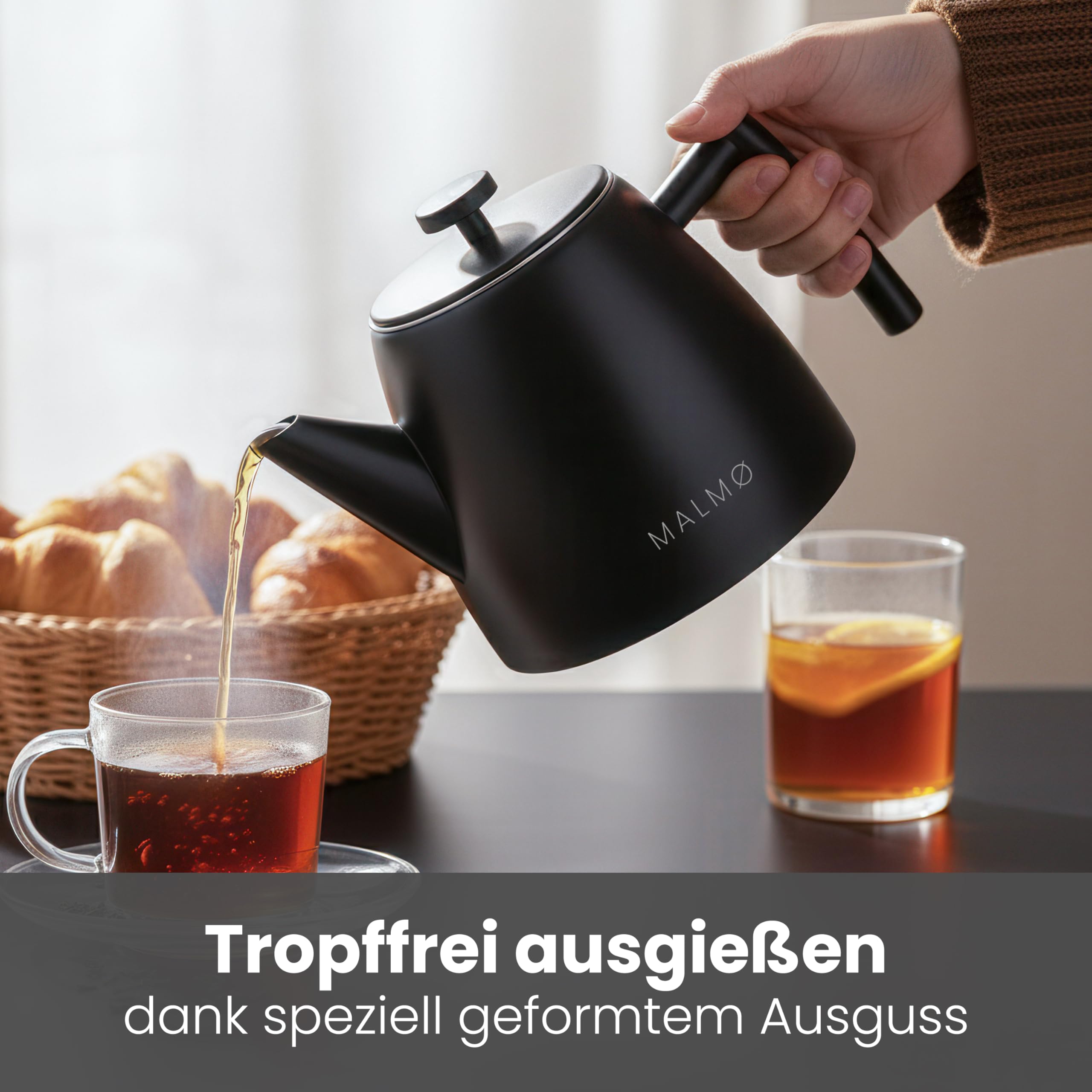 MALMØ Teekanne mit Siebeinsatz 304 Edelstahl Doppelwandig Thermo Tropffrei