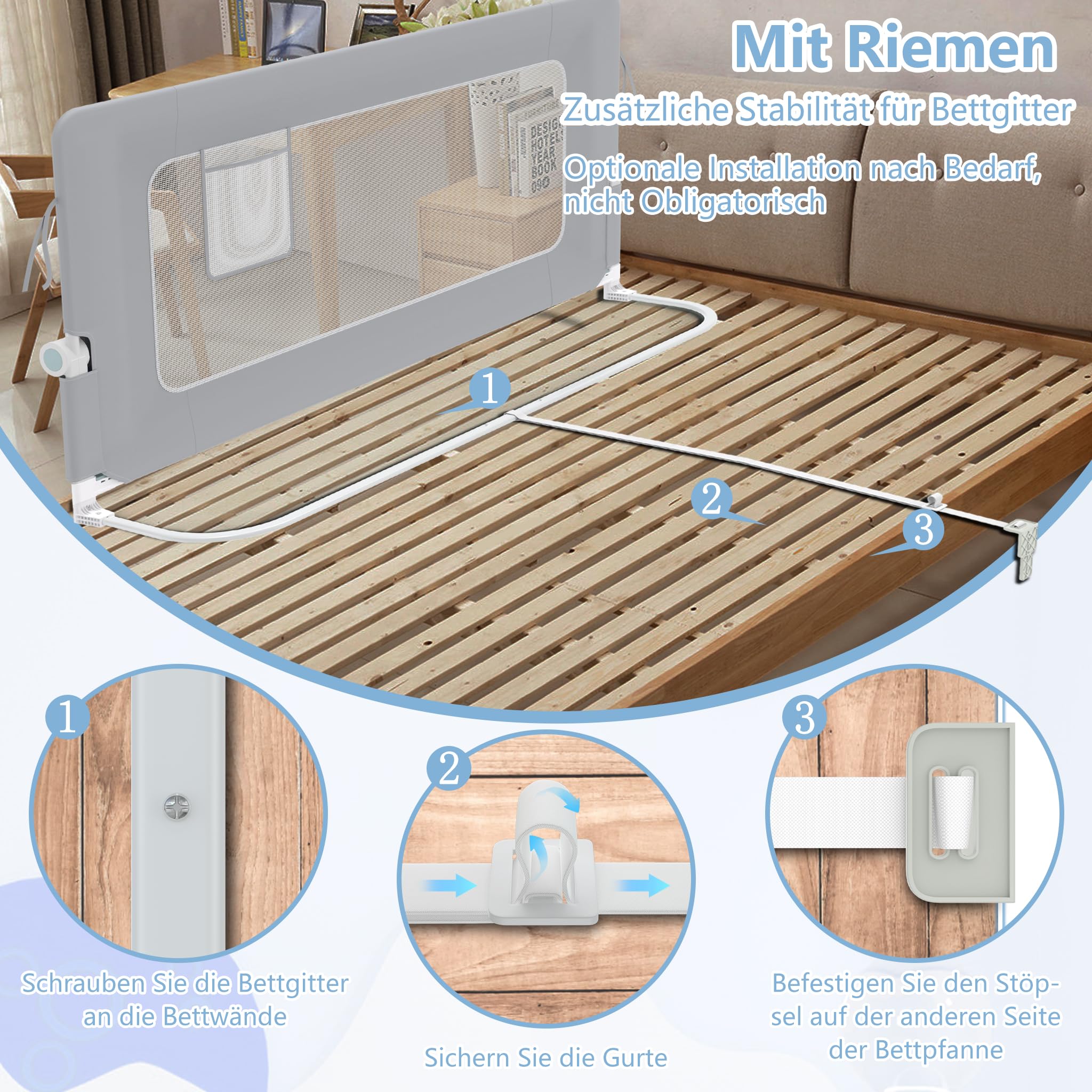 Froadp Protezione per Letto Anticaduta per Bambini, Griglia di Sicurezza per Letto Pieghevole per Bambini, Protezione Anticaduta per Letto per Bambini, Protezione per Letto per Bambini (Grigio Chiaro
