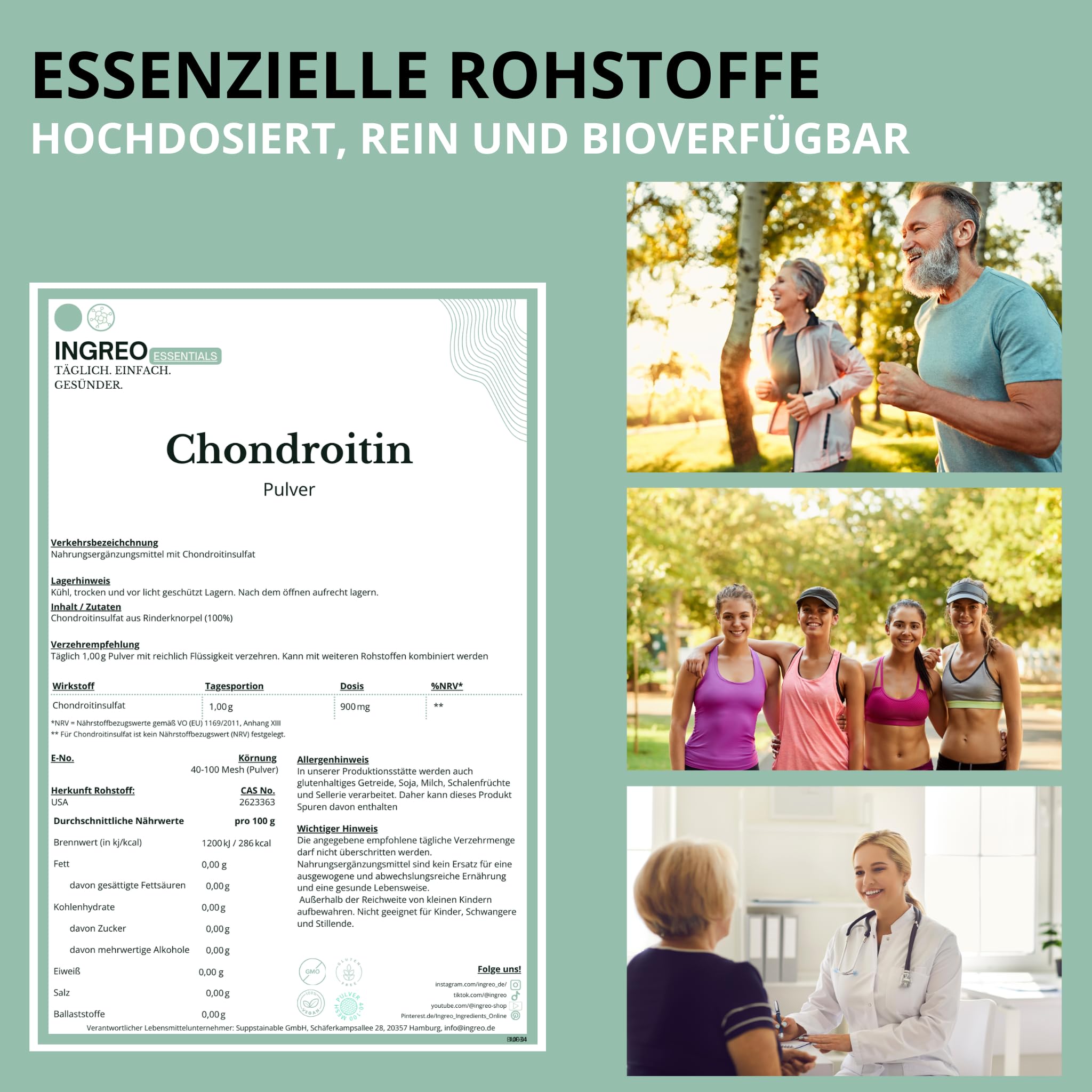 300 g | Chondroitin Pulver | Chondroitinsulfat Rohstoff | 100% rein | ohne Füllstoffe | Premiumqualität | Supplement Lebensmittel | INGREO