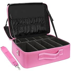 Relavel Extra Large Makeup Case Travel Train Case Professional Makeup Artist Bag Portable Nail Organizer Box Art Supply Case with Adjustable Dividers/Attach to Trolley/Shoulder Strap (Rose Pink)